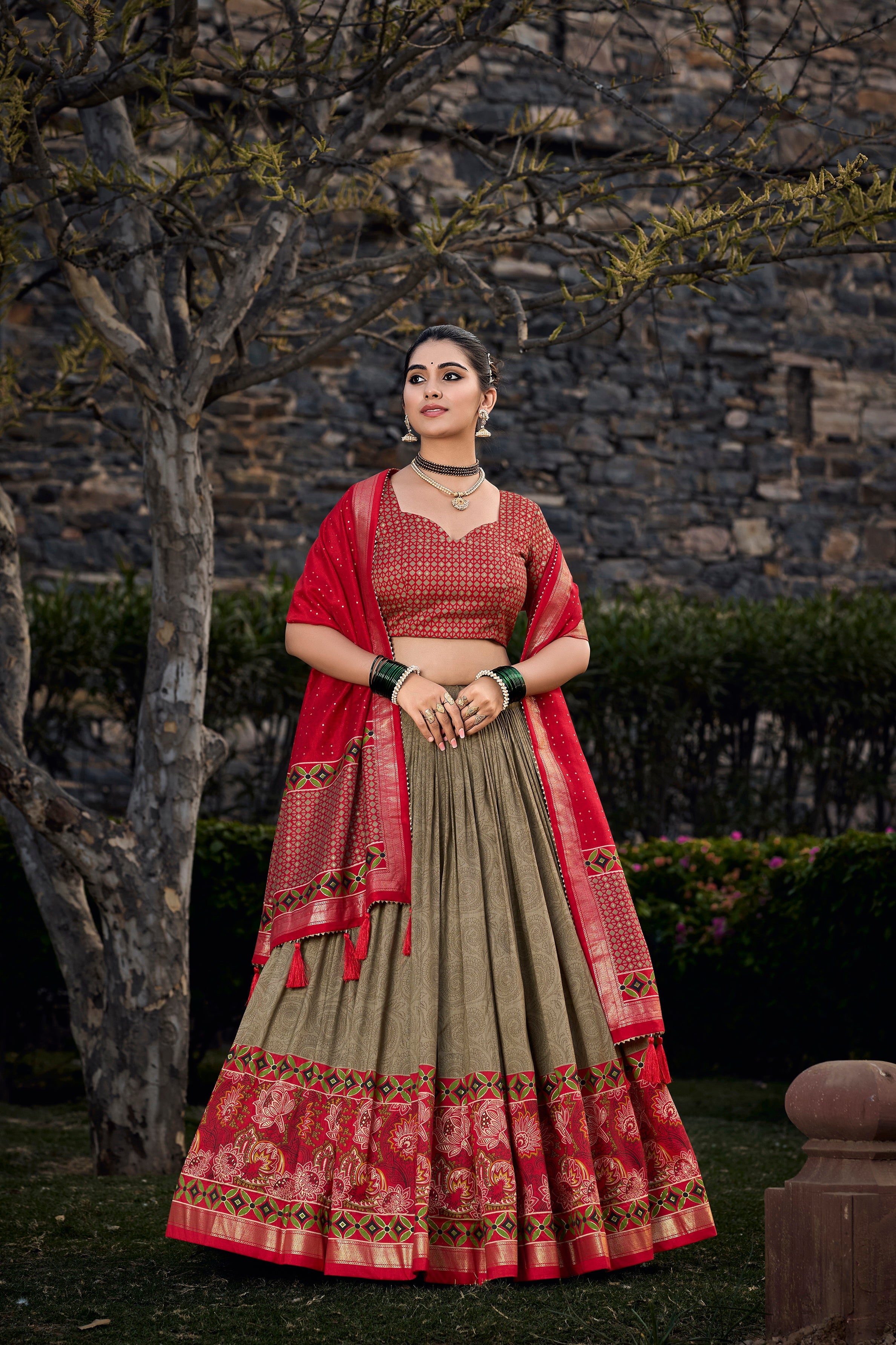 Mehendi Tussar Silk Floral Print Lehenga Choli Set