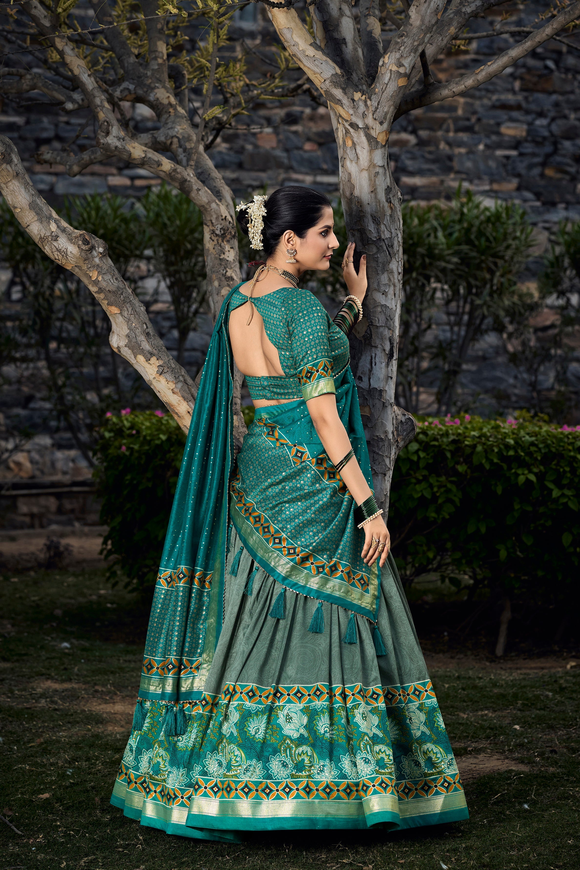 Sea Green Tussar Silk With Foil Print Lehenga Choli With Dupatta