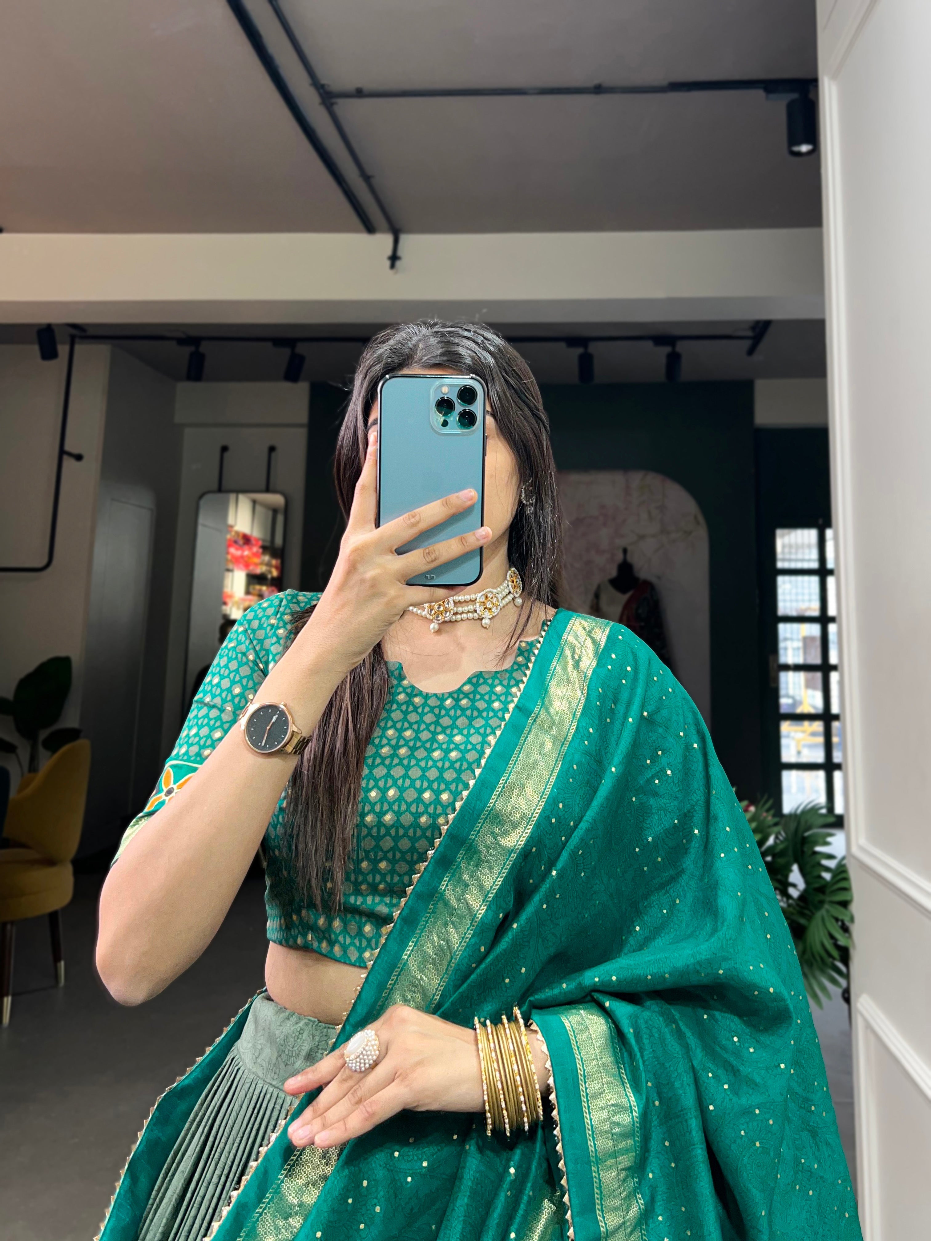 Sea Green Tussar Silk With Foil Print Lehenga Choli With Dupatta