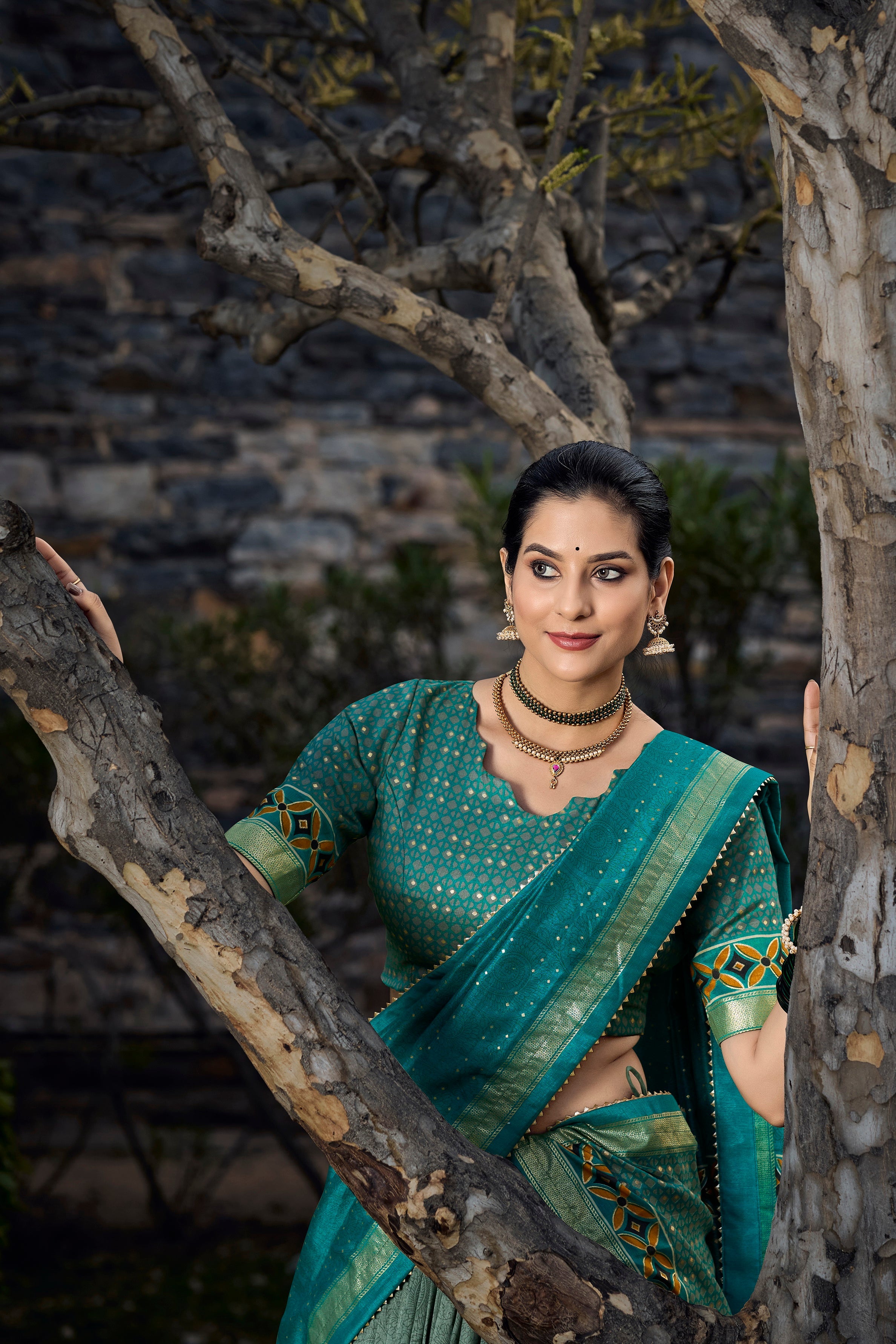 Sea Green Tussar Silk With Foil Print Lehenga Choli With Dupatta