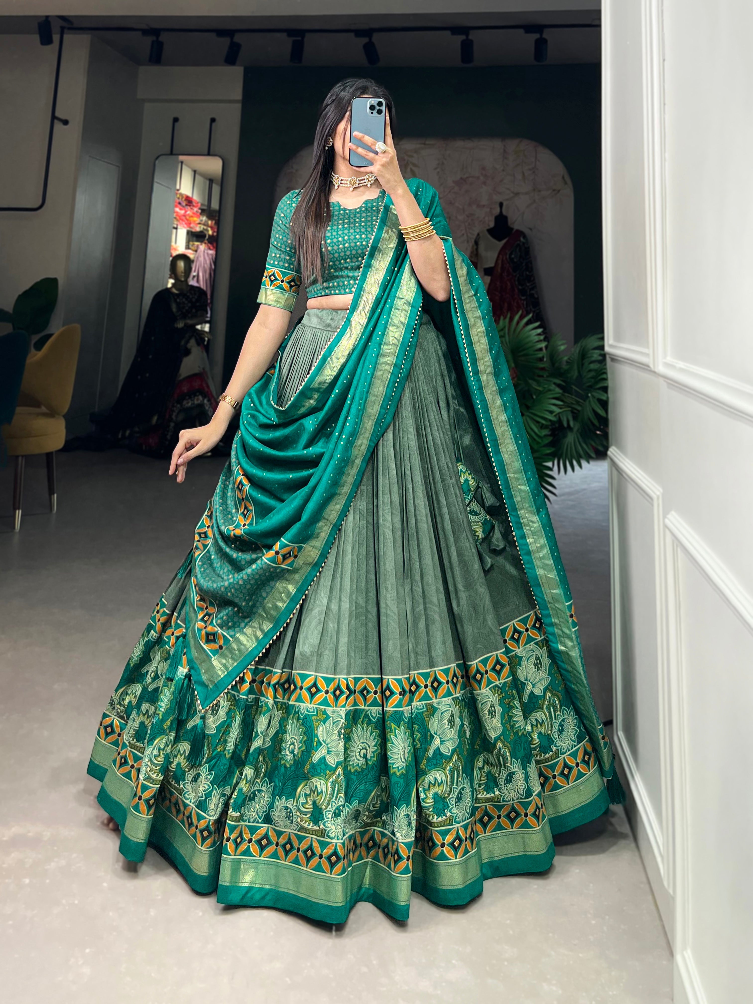 Sea Green Tussar Silk With Foil Print Lehenga Choli With Dupatta