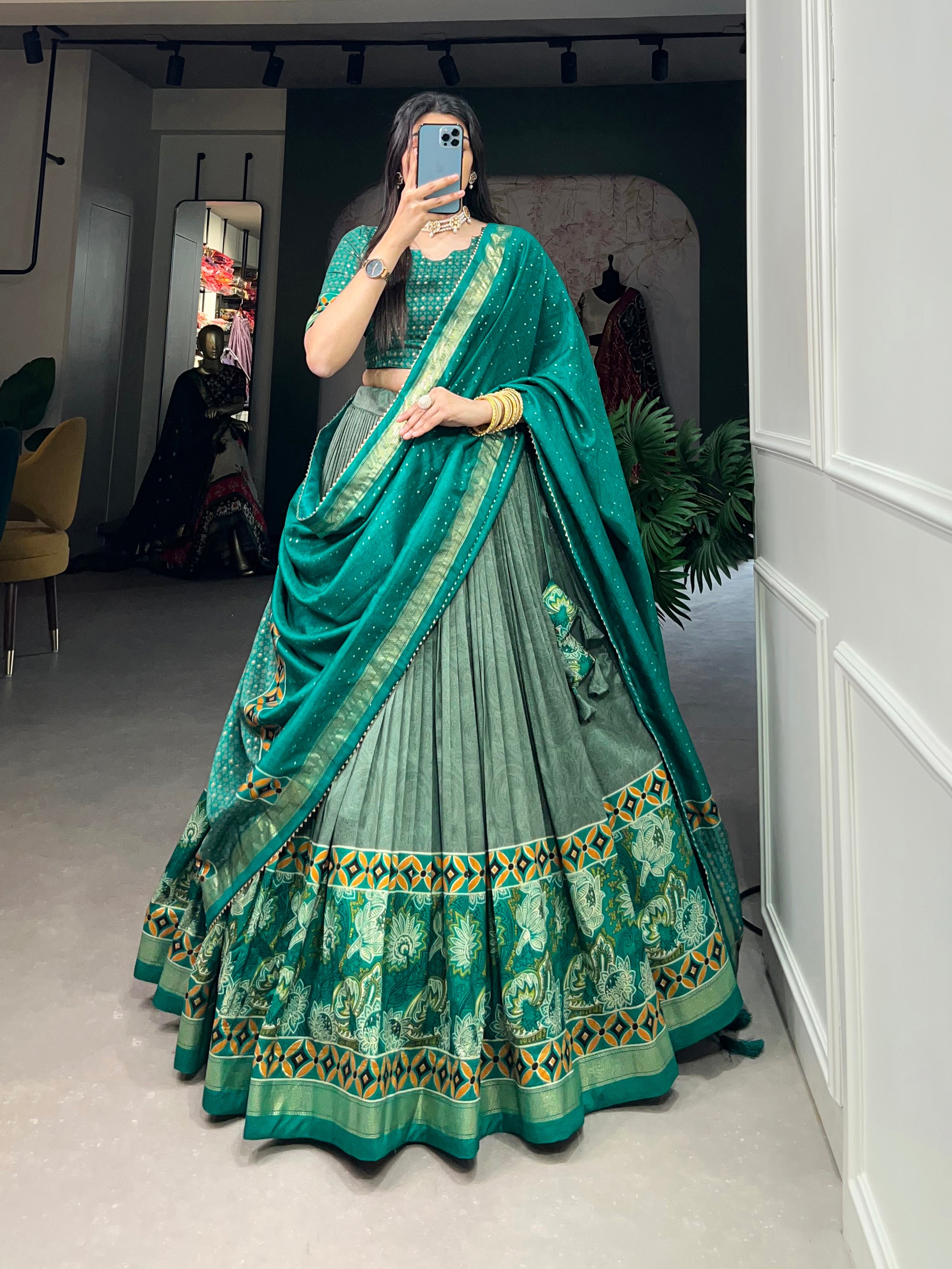 Sea Green Tussar Silk With Foil Print Lehenga Choli With Dupatta