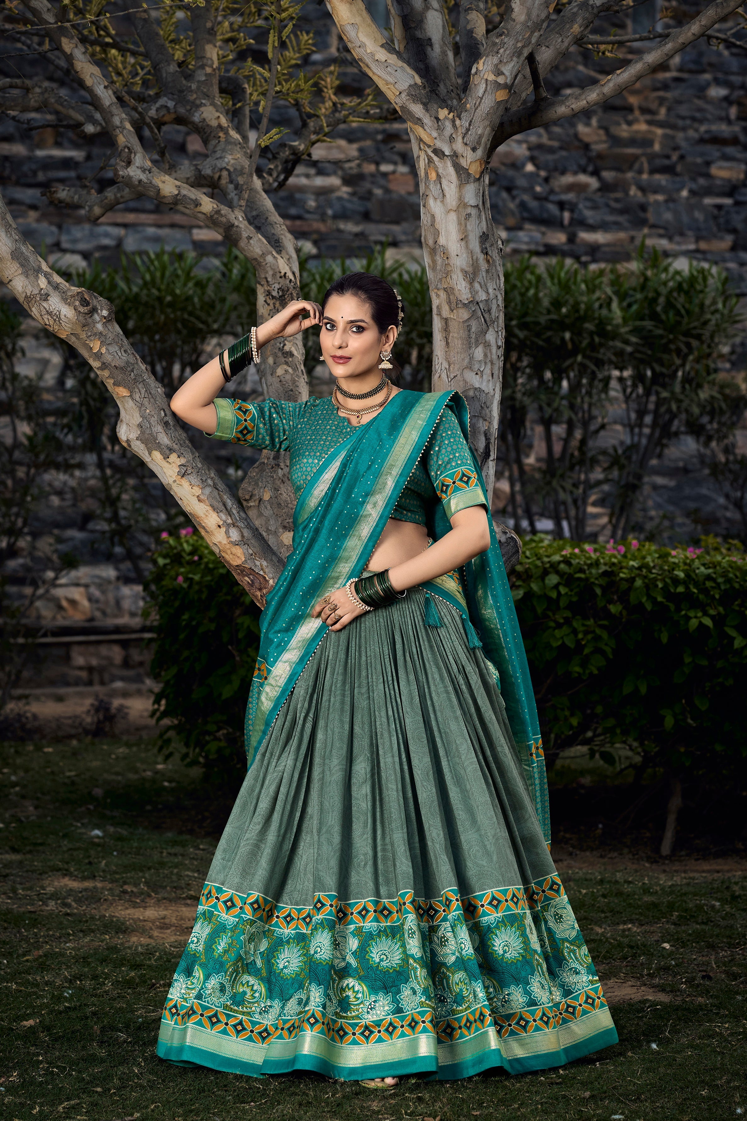 Sea Green Tussar Silk With Foil Print Lehenga Choli With Dupatta