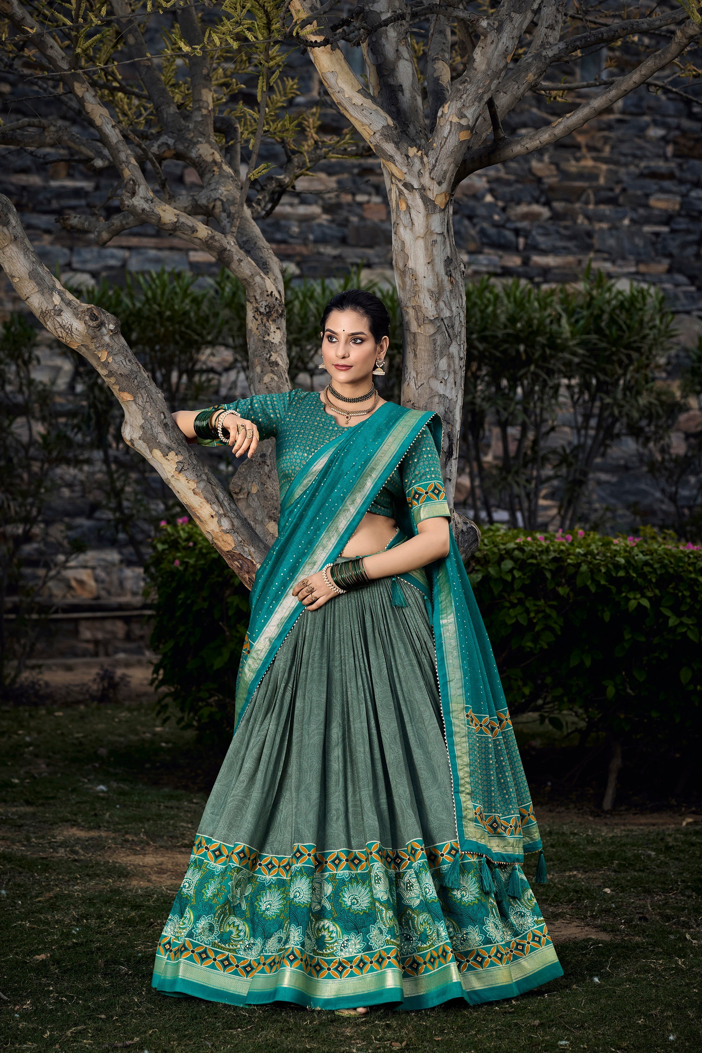 Sea Green Tussar Silk With Foil Print Lehenga Choli With Dupatta