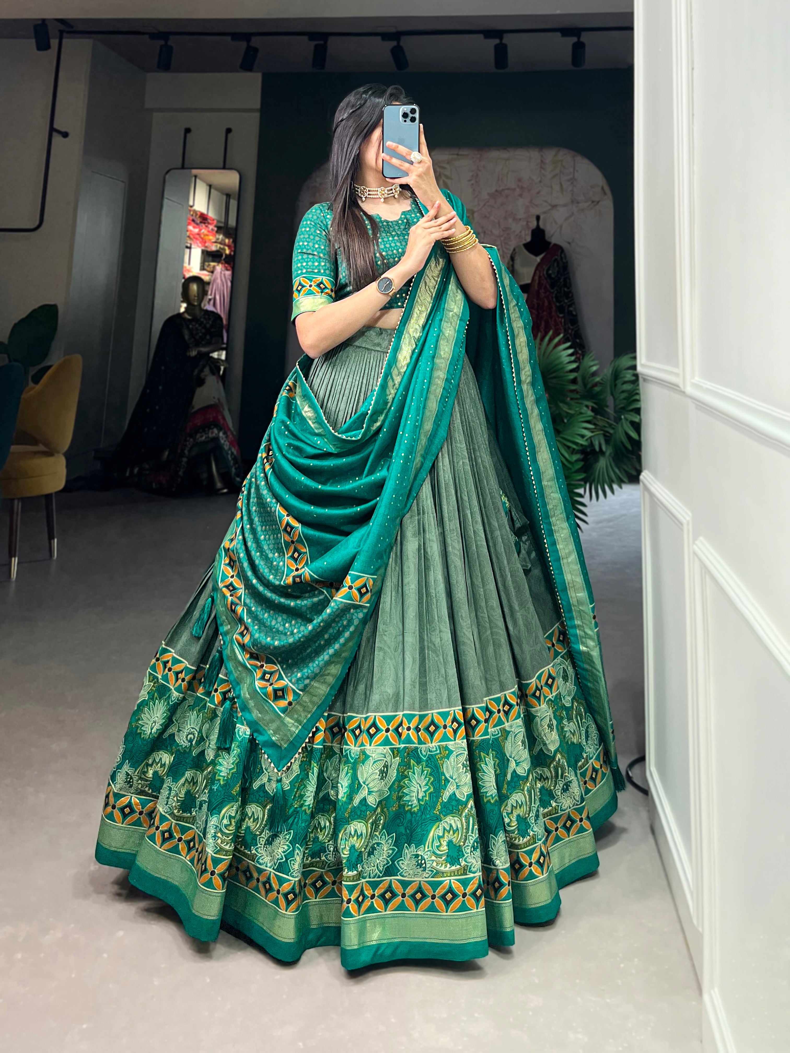 Sea Green Tussar Silk With Foil Print Lehenga Choli With Dupatta