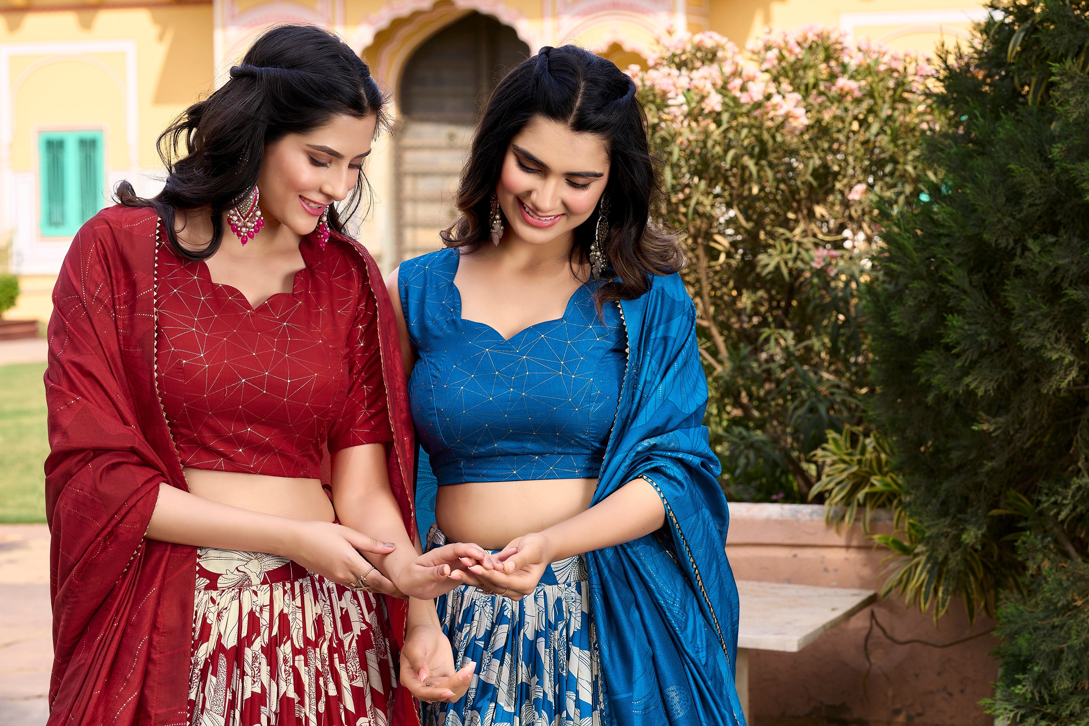 Red Tussar Silk Printed Lehenga Choli With Foil Work