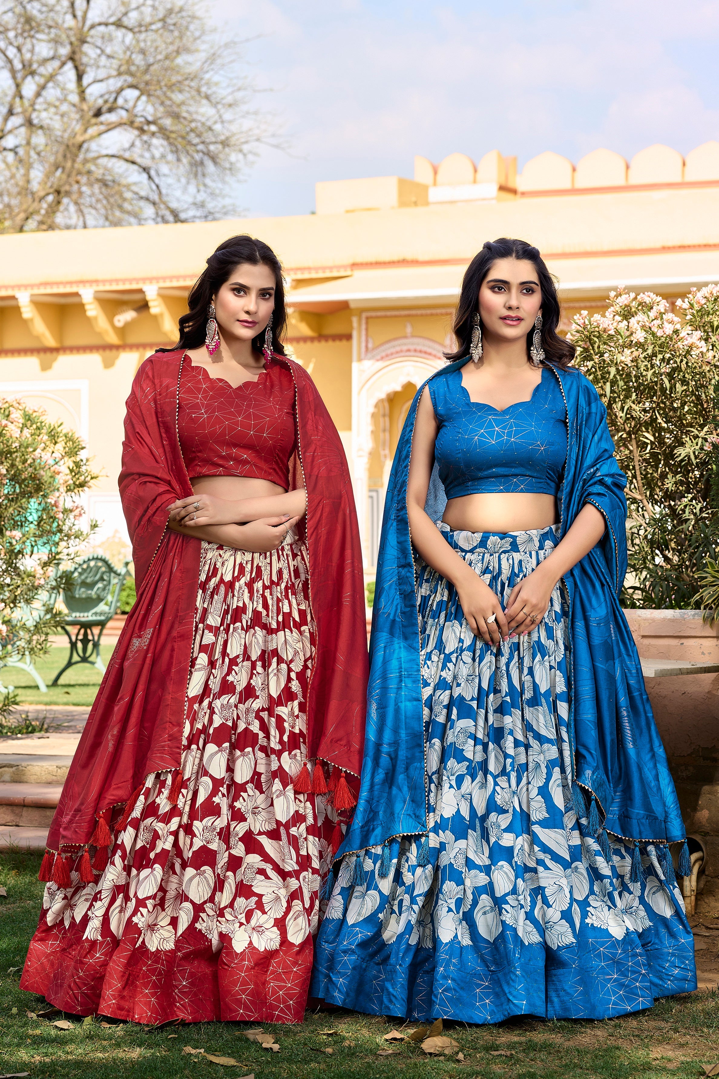 Red Tussar Silk Printed Lehenga Choli With Foil Work