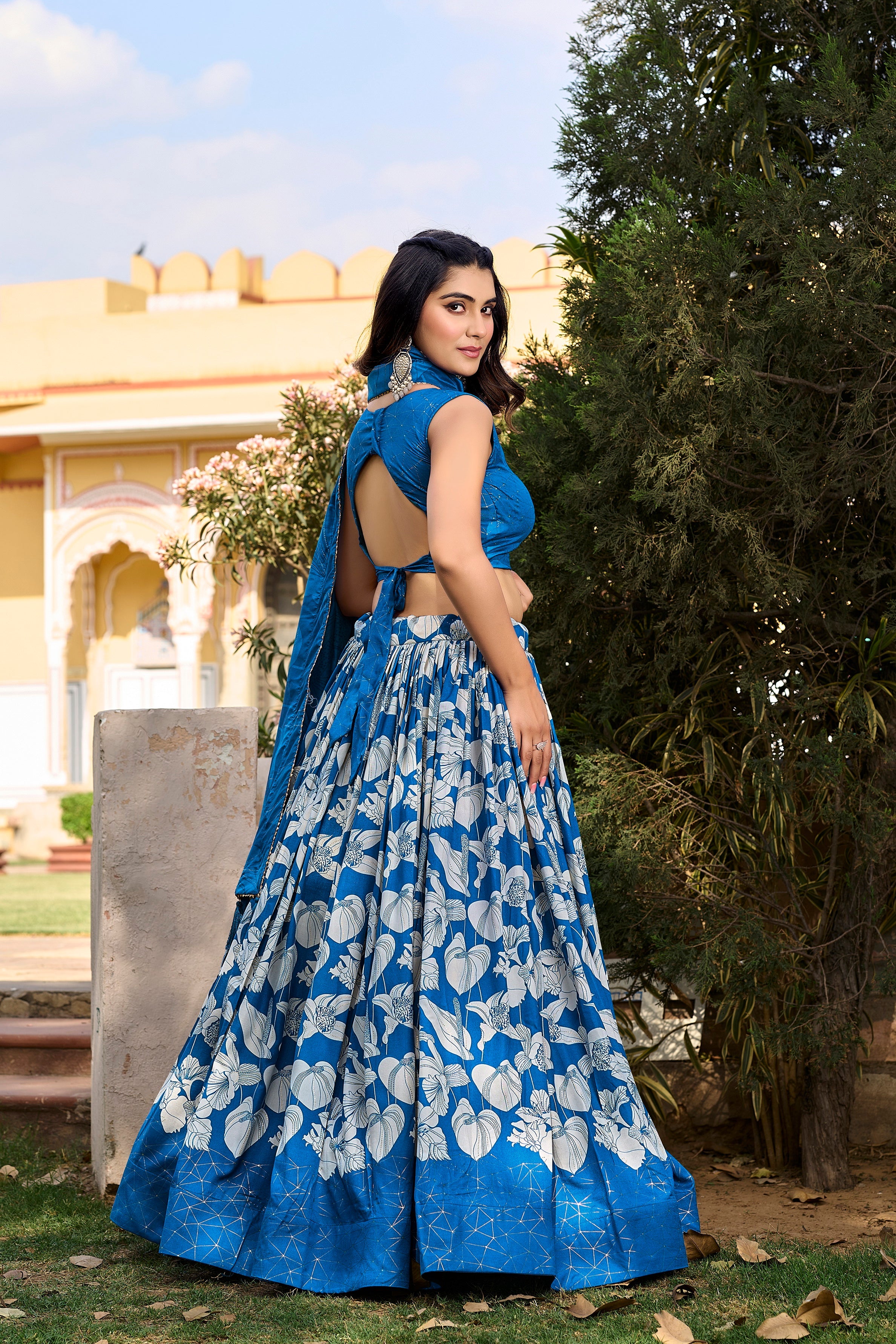 Royal Blue Tussar Silk Printed Lehenga Choli With Foil Work