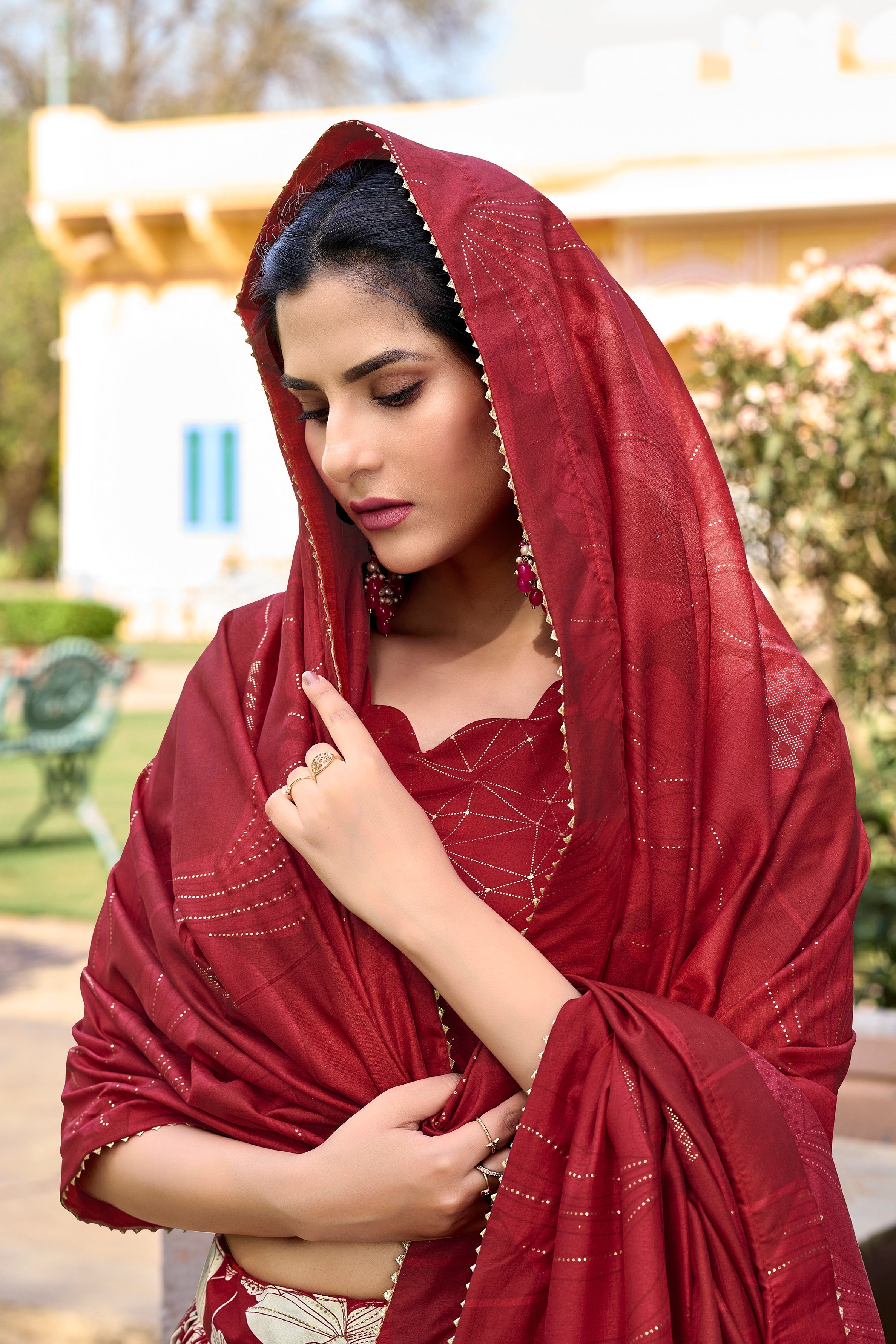 Red Tussar Silk Printed Lehenga Choli With Foil Work