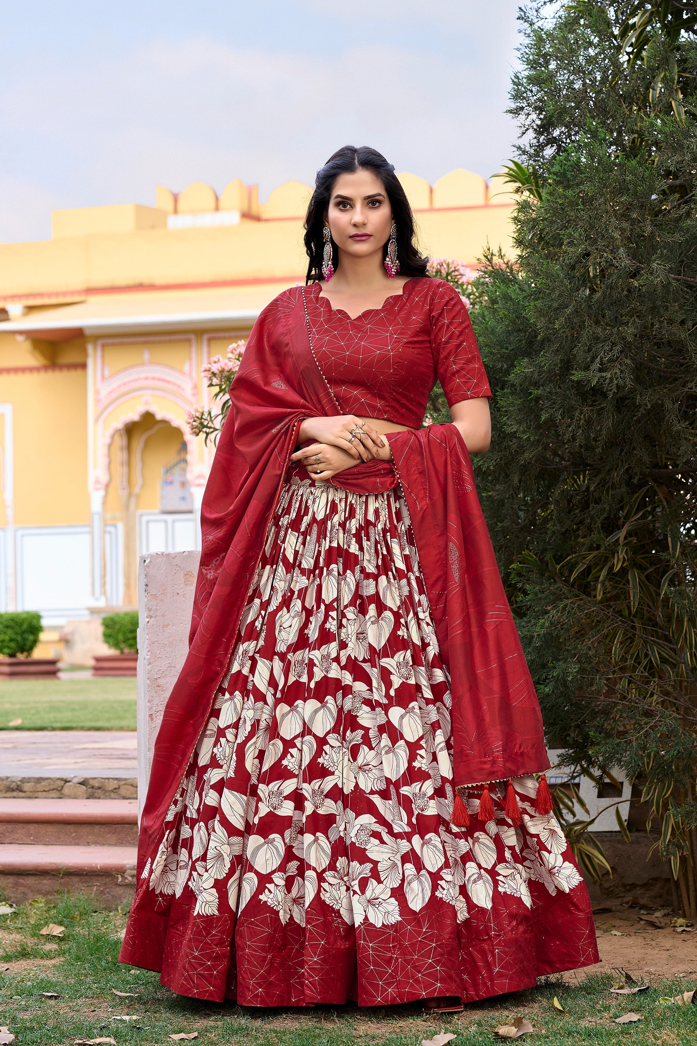 Red Tussar Silk Printed Lehenga Choli With Foil Work