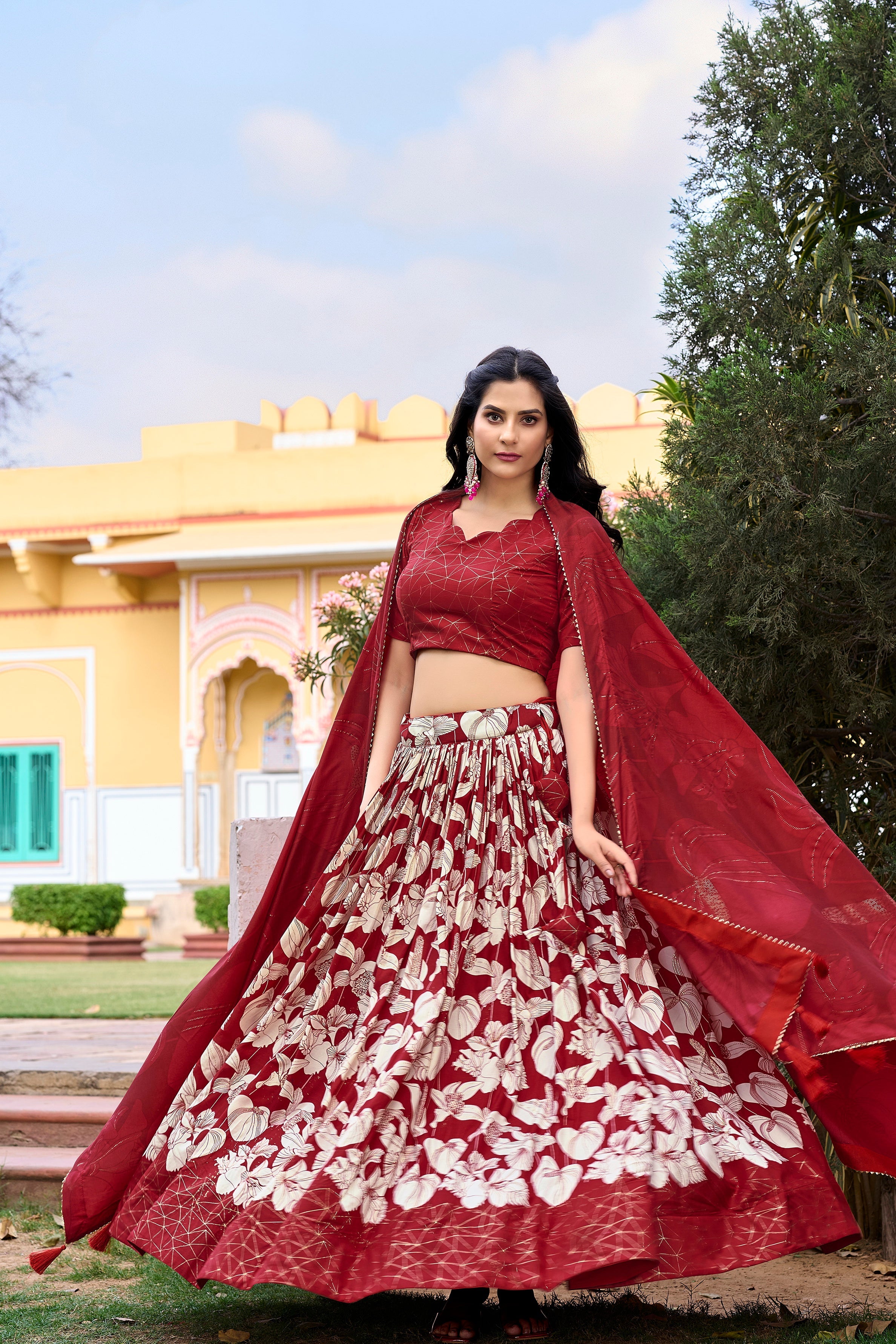 Red Tussar Silk Printed Lehenga Choli With Foil Work