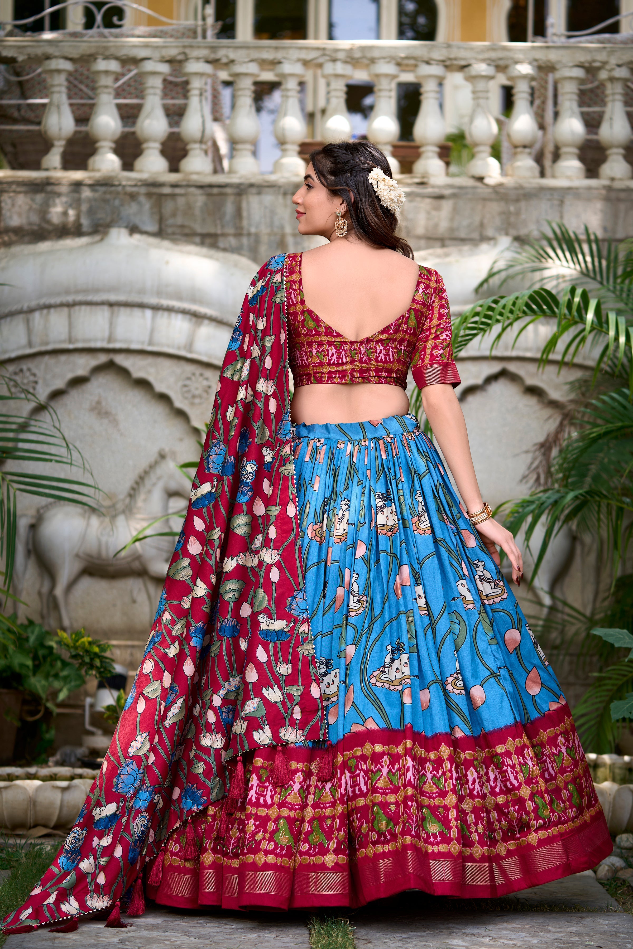 Ravishing Blue Printed Silk Navratri Wear Lehenga Choli With Dupatta