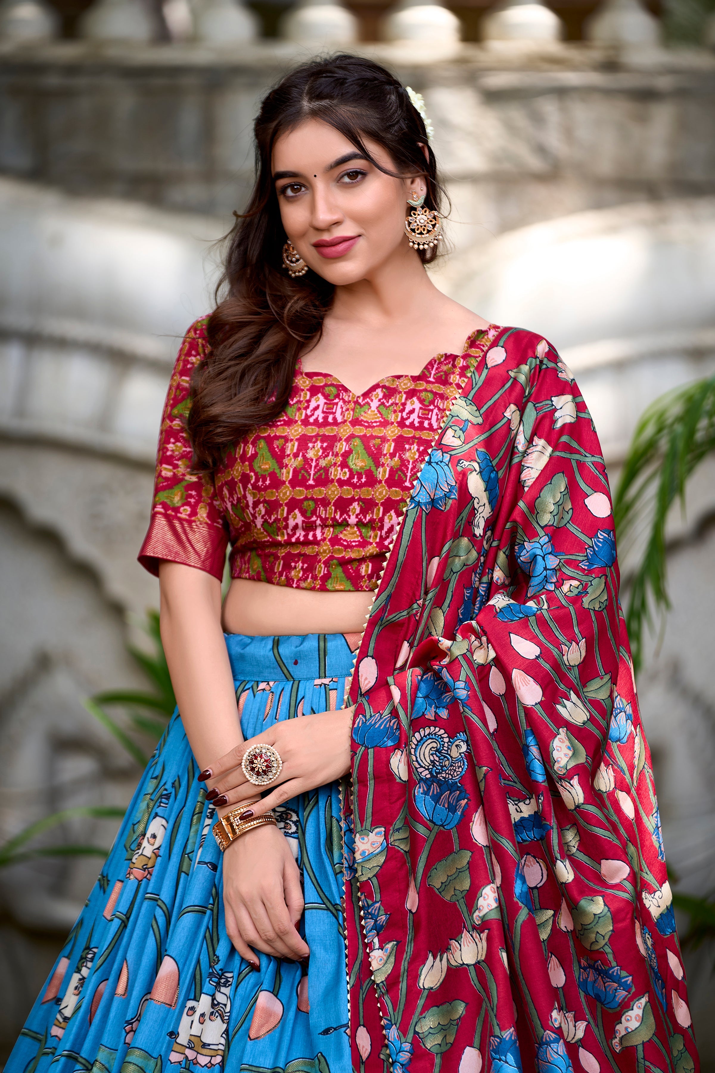 Ravishing Blue Printed Silk Navratri Wear Lehenga Choli With Dupatta