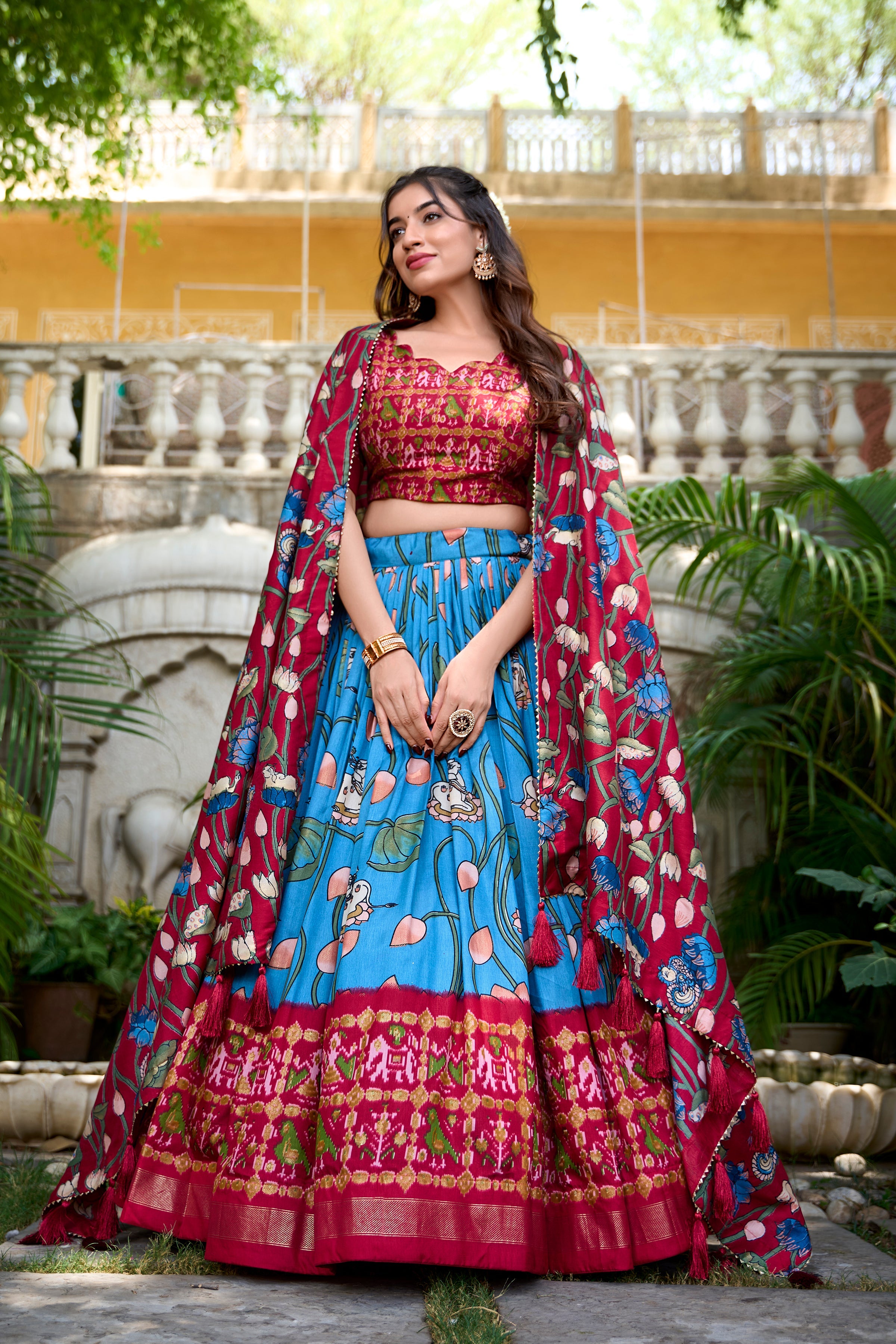 Ravishing Blue Printed Silk Navratri Wear Lehenga Choli With Dupatta