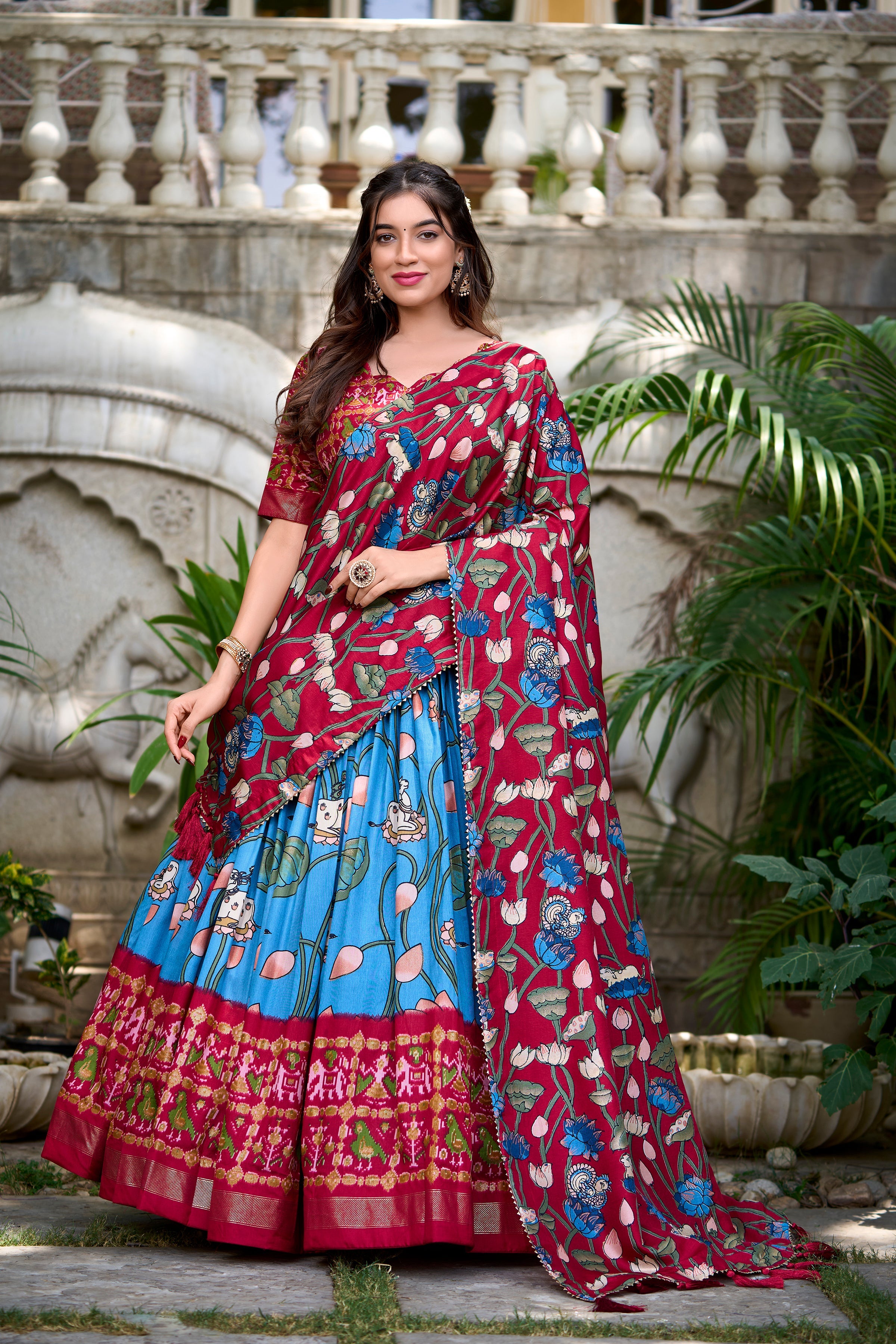 Ravishing Blue Printed Silk Navratri Wear Lehenga Choli With Dupatta