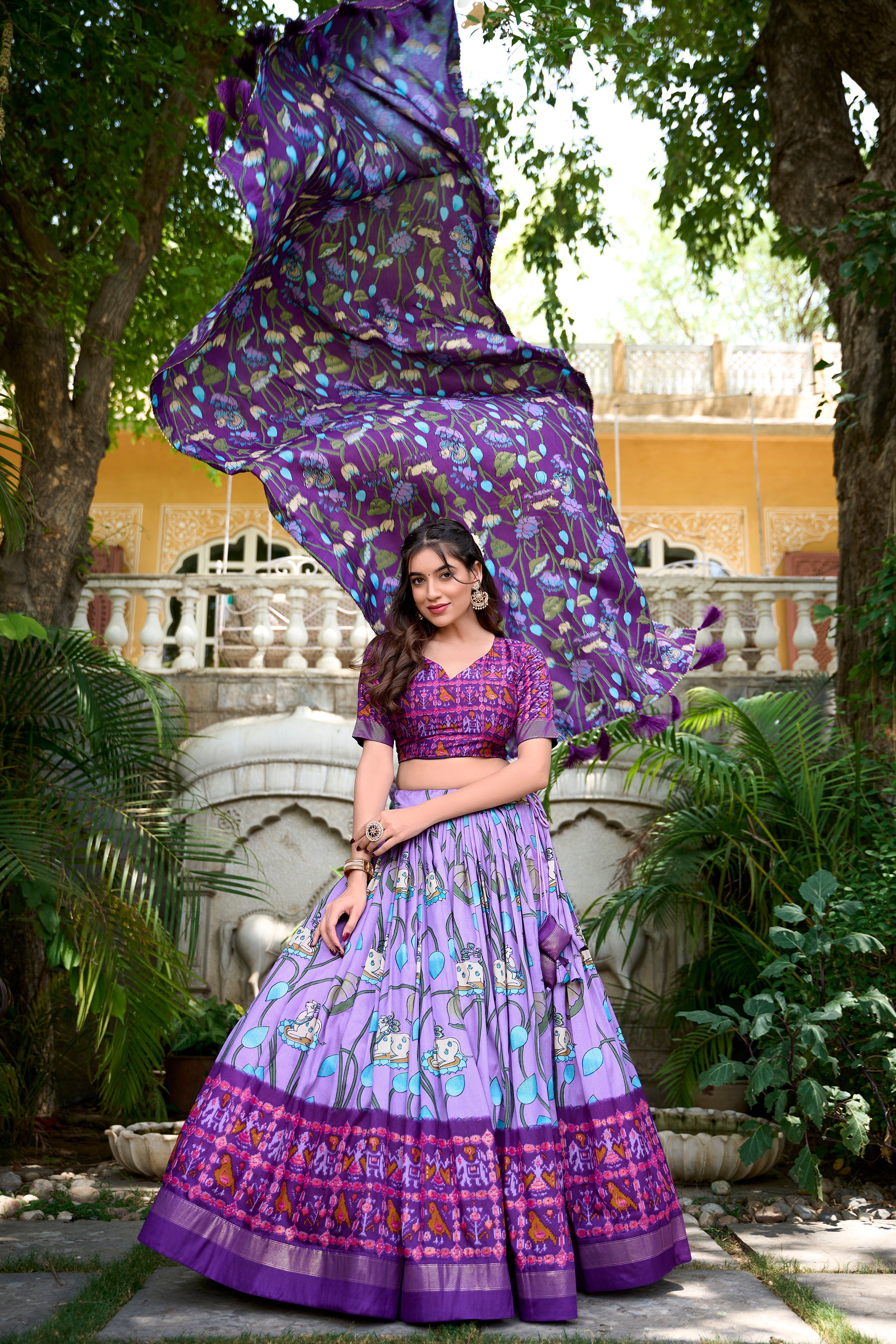 Ravishing Lovender Printed Silk Navratri Wear Lehenga Choli With Dupatta