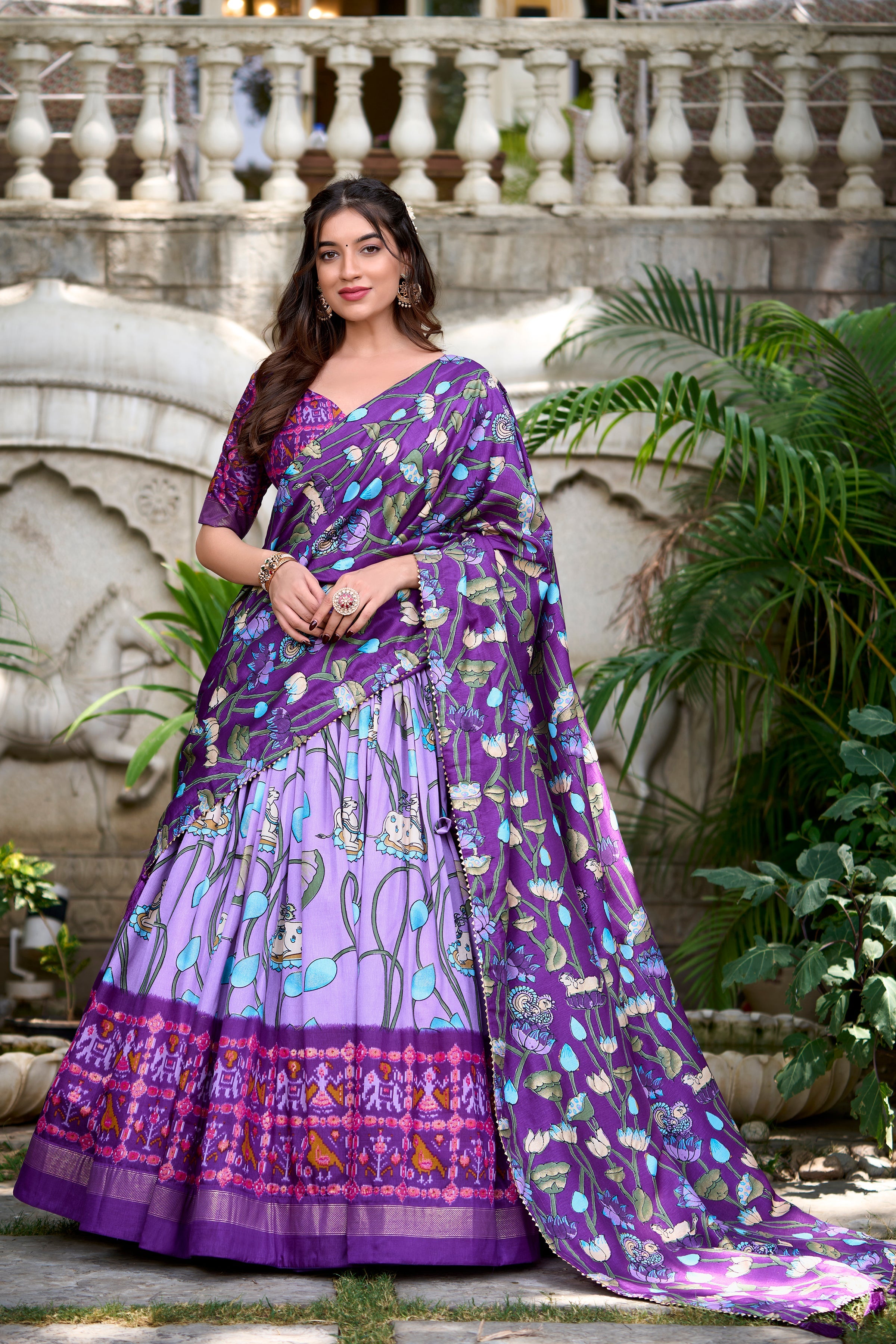 Ravishing Lovender Printed Silk Navratri Wear Lehenga Choli With Dupatta