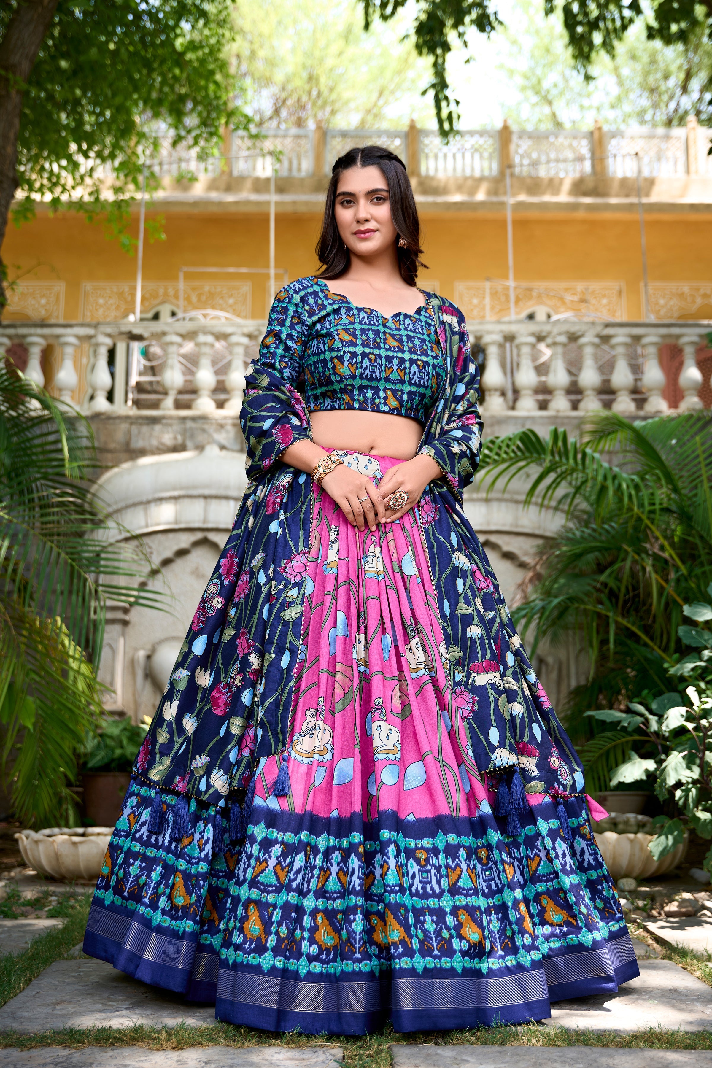 Ravishing Pink Printed Silk Navratri Wear Lehenga Choli With Dupatta