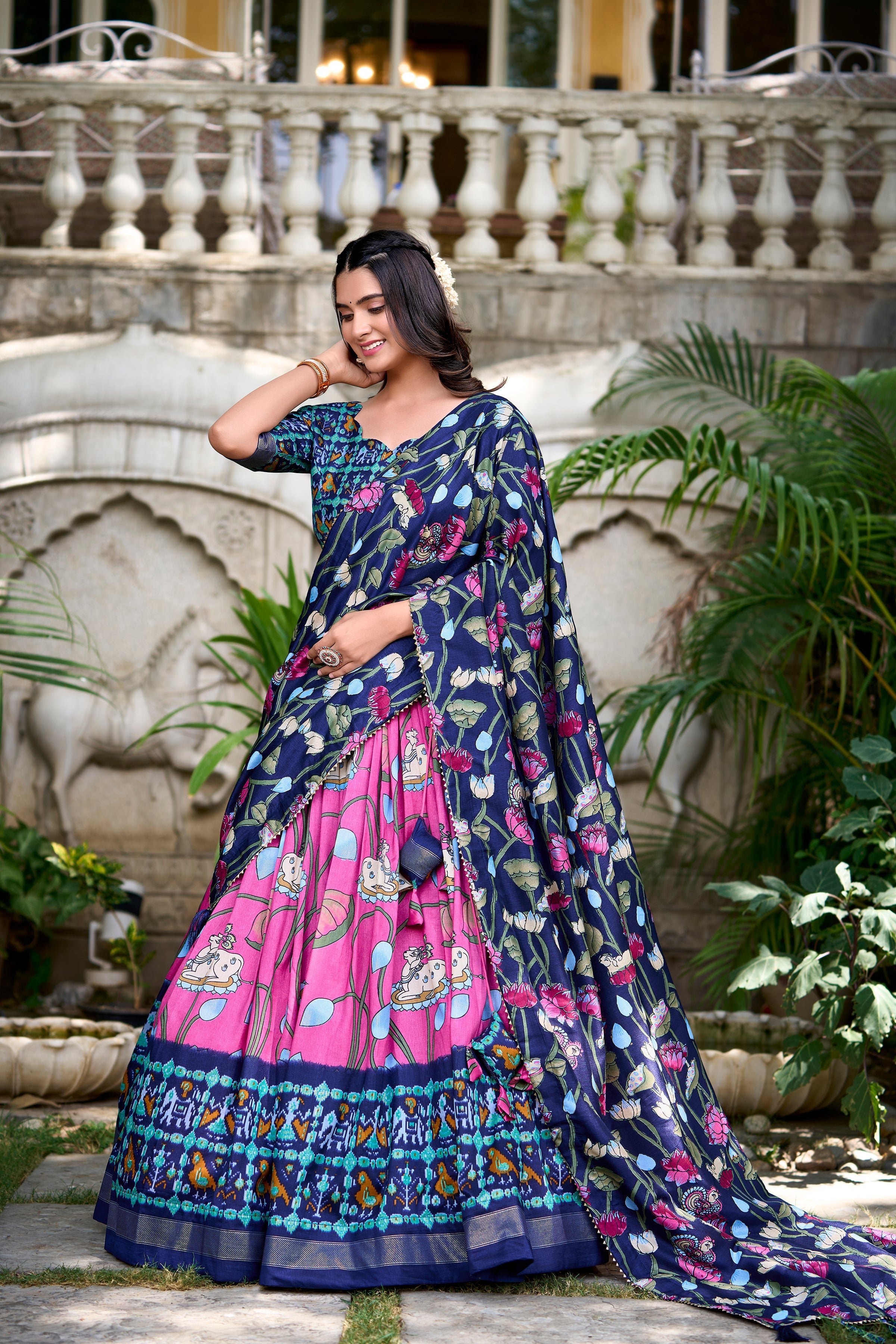 Ravishing Pink Printed Silk Navratri Wear Lehenga Choli With Dupatta