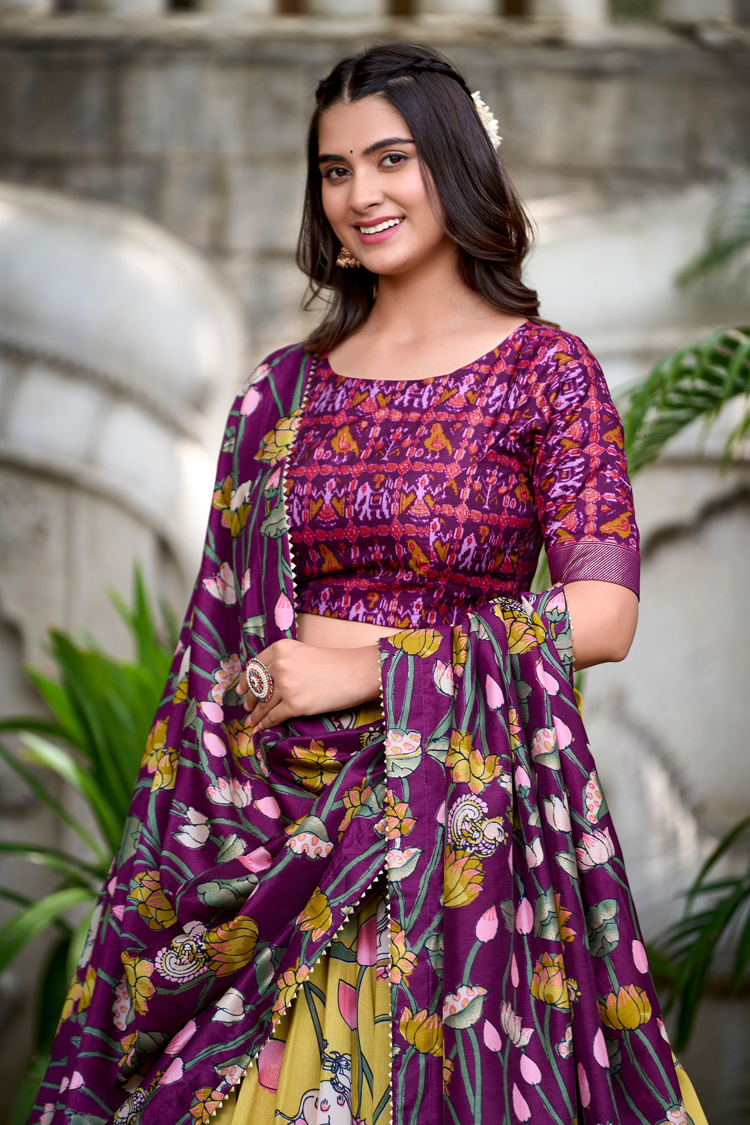 Ravishing Yellow Printed Silk Navratri Wear Lehenga Choli With Dupatta