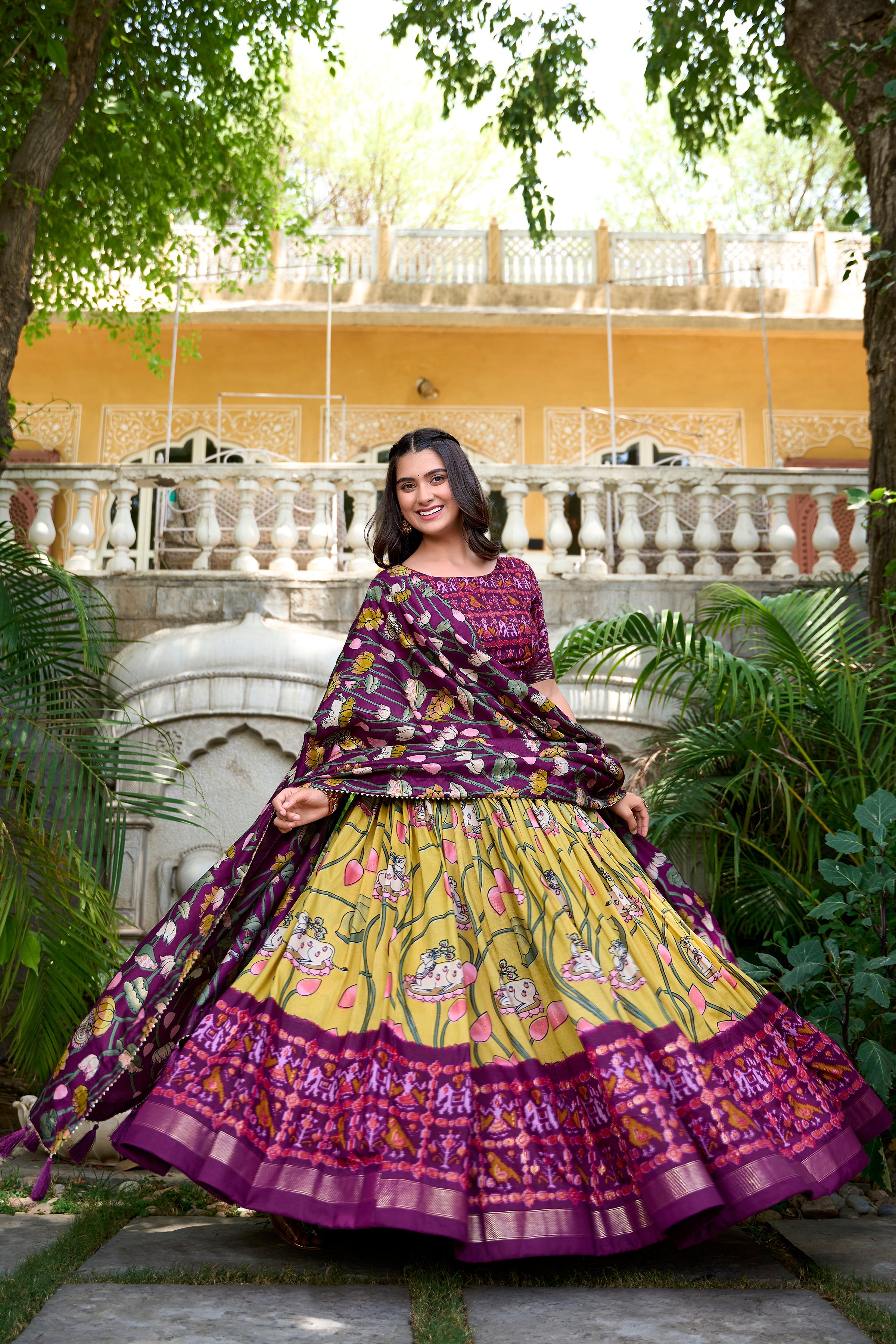 Ravishing Yellow Printed Silk Navratri Wear Lehenga Choli With Dupatta