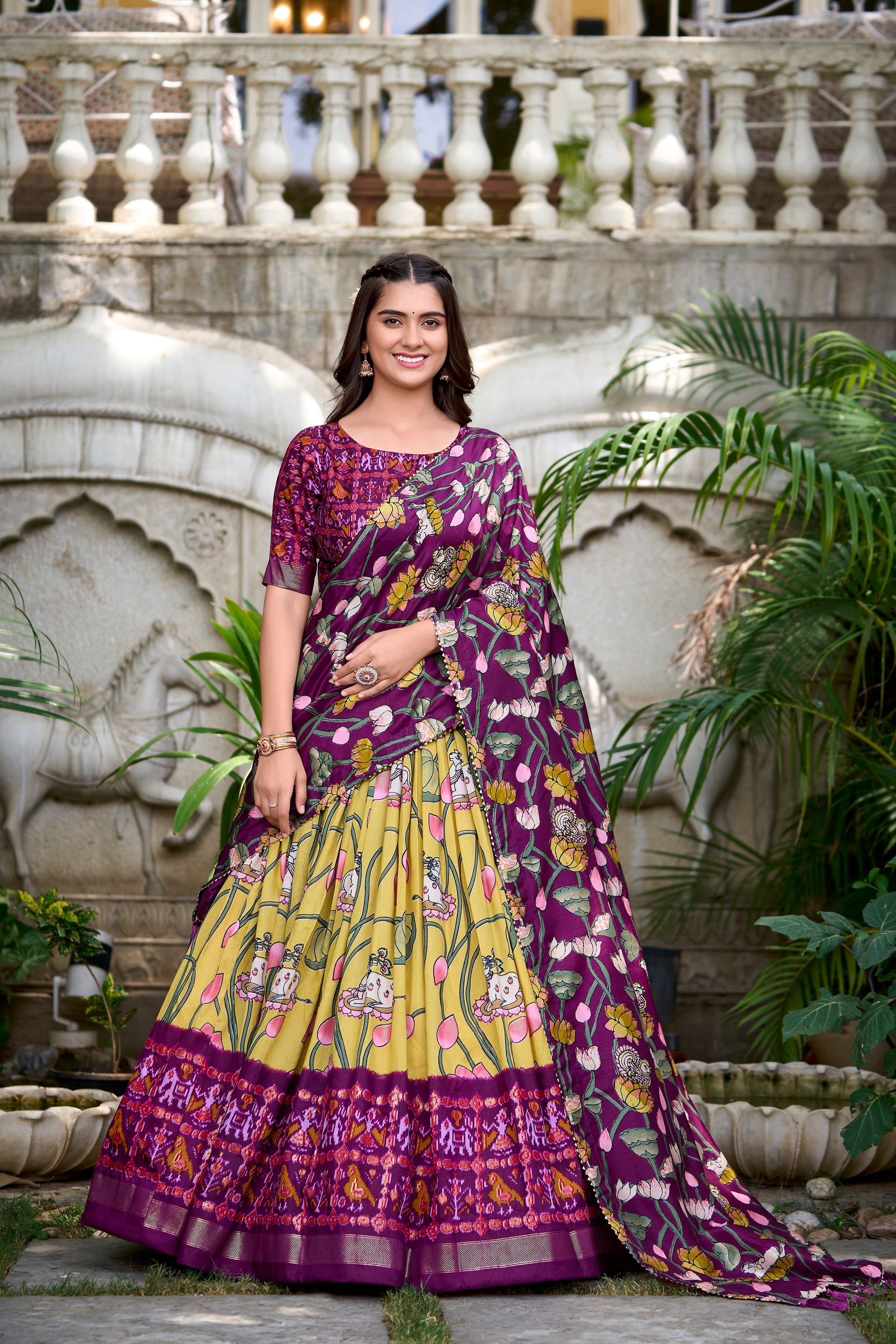 Ravishing Yellow Printed Silk Navratri Wear Lehenga Choli With Dupatta