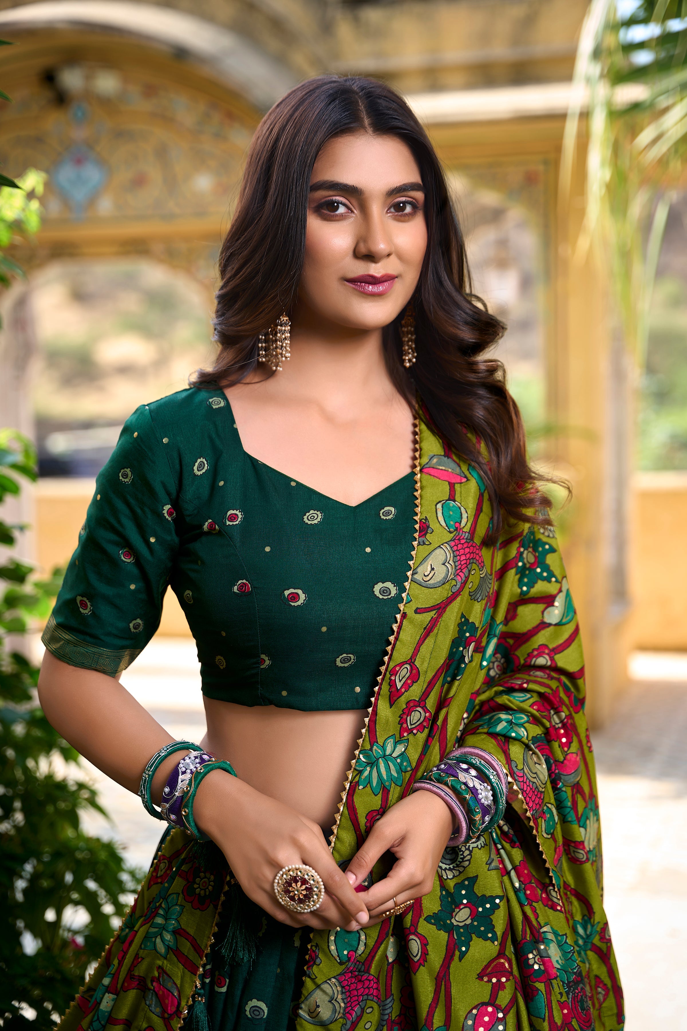 Green Kalamkari Print Tussar Silk Lehenga Set