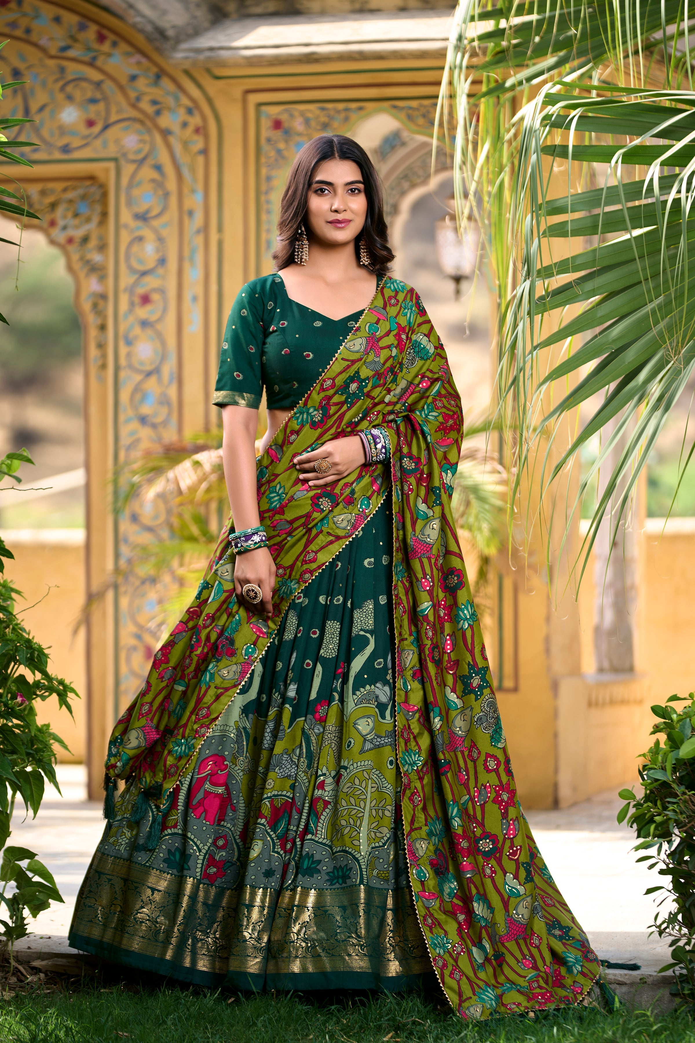Green Kalamkari Print Tussar Silk Lehenga Set