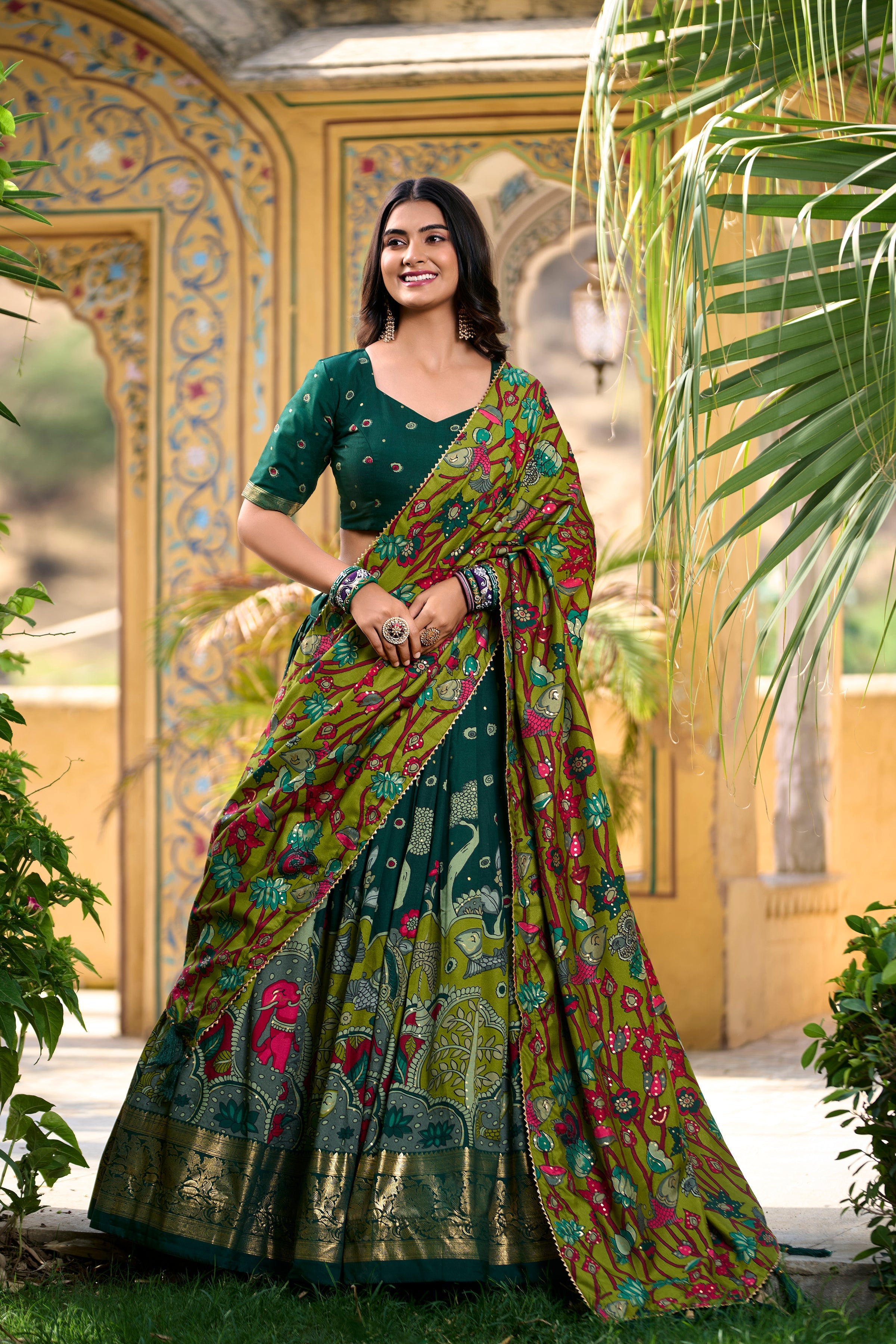 Green Kalamkari Print Tussar Silk Lehenga Set