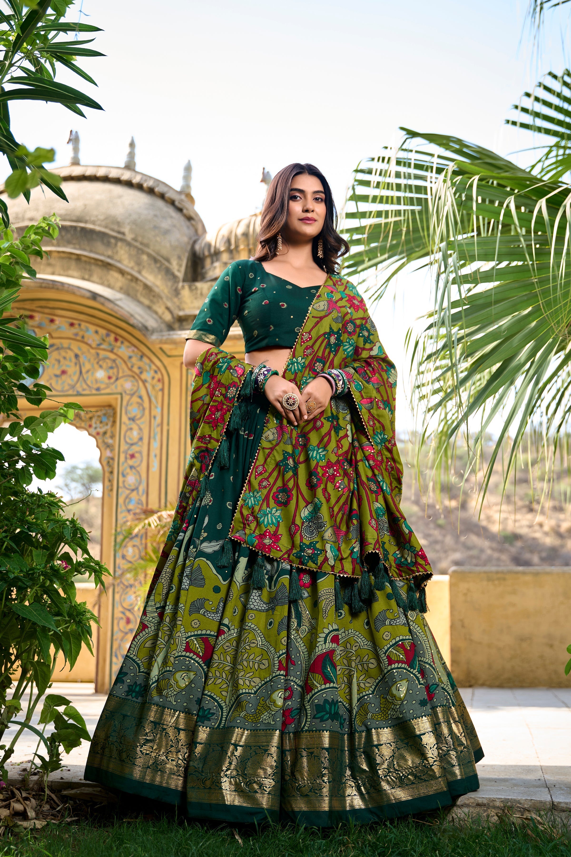 Green Kalamkari Print Tussar Silk Lehenga Set
