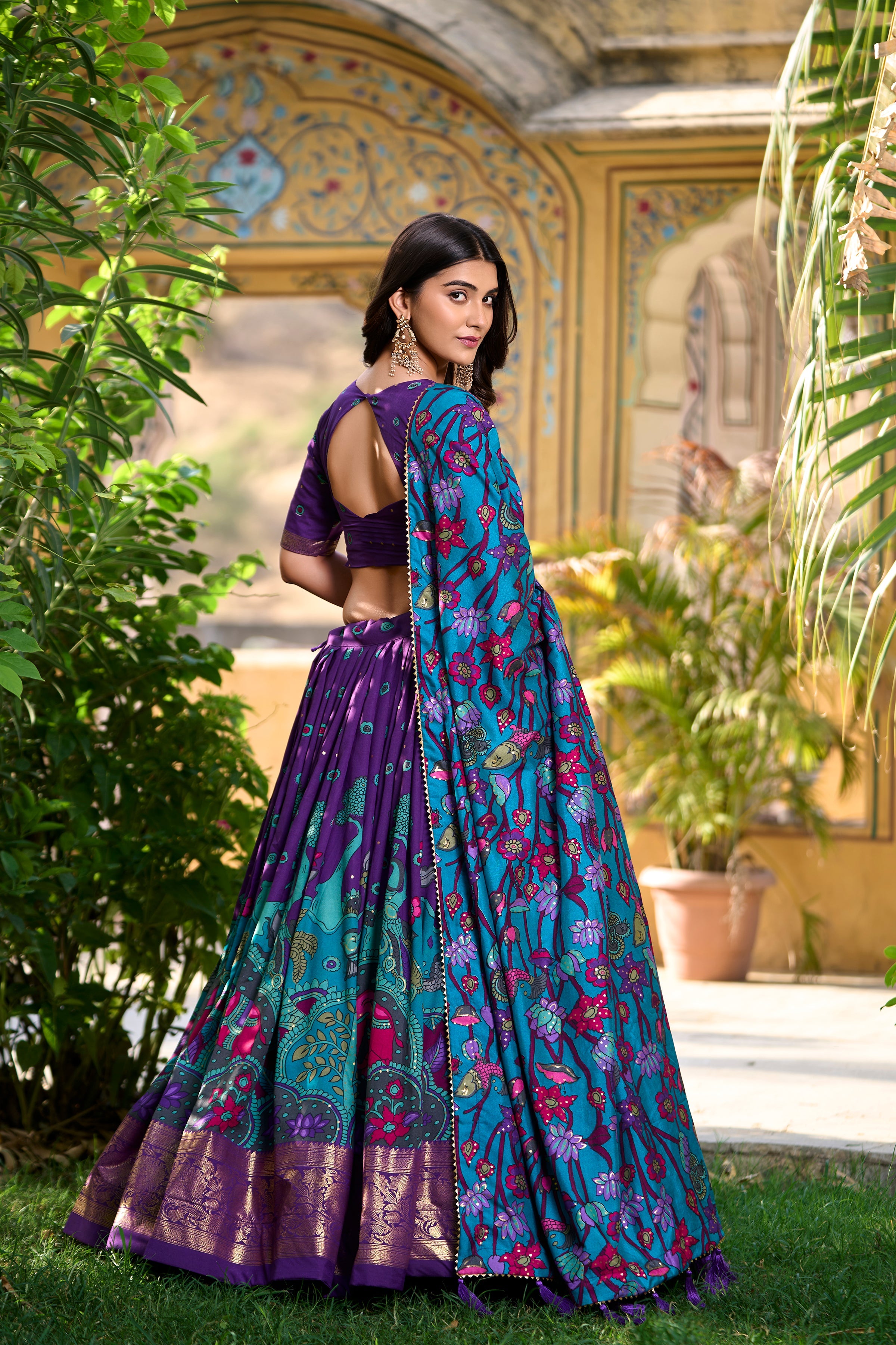 Purple Kalamkari Print Tussar Silk Lehenga Set
