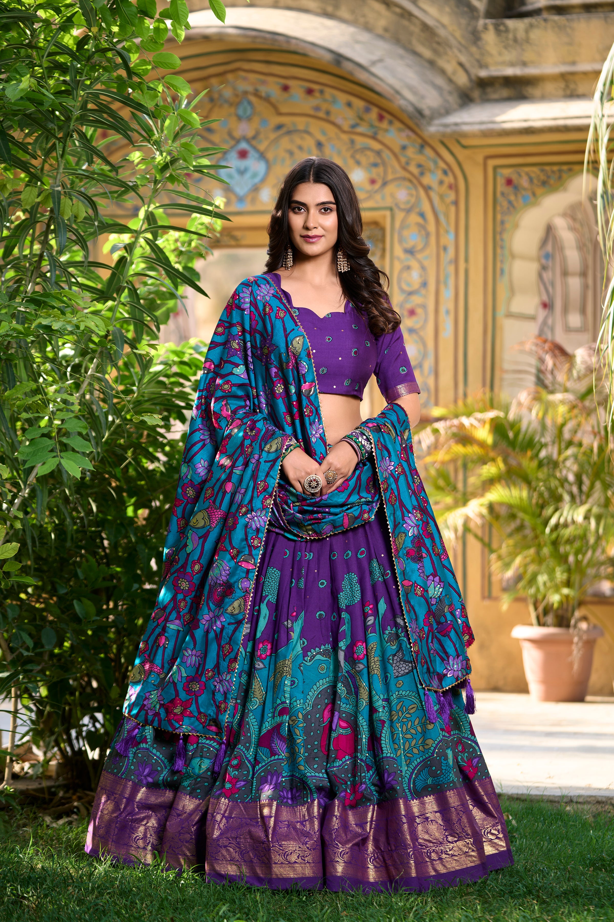 Purple Kalamkari Print Tussar Silk Lehenga Set