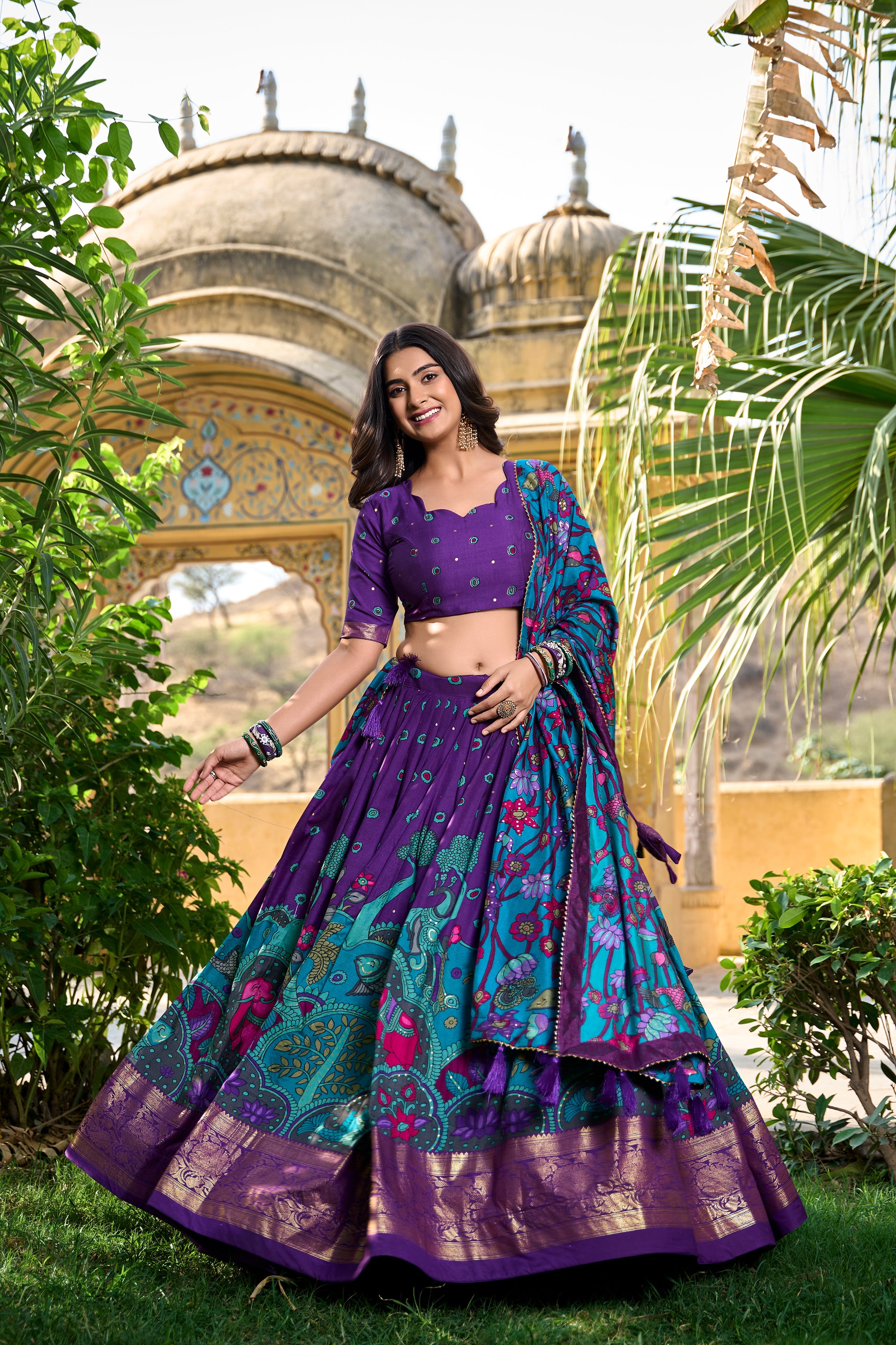 Purple Kalamkari Print Tussar Silk Lehenga Set