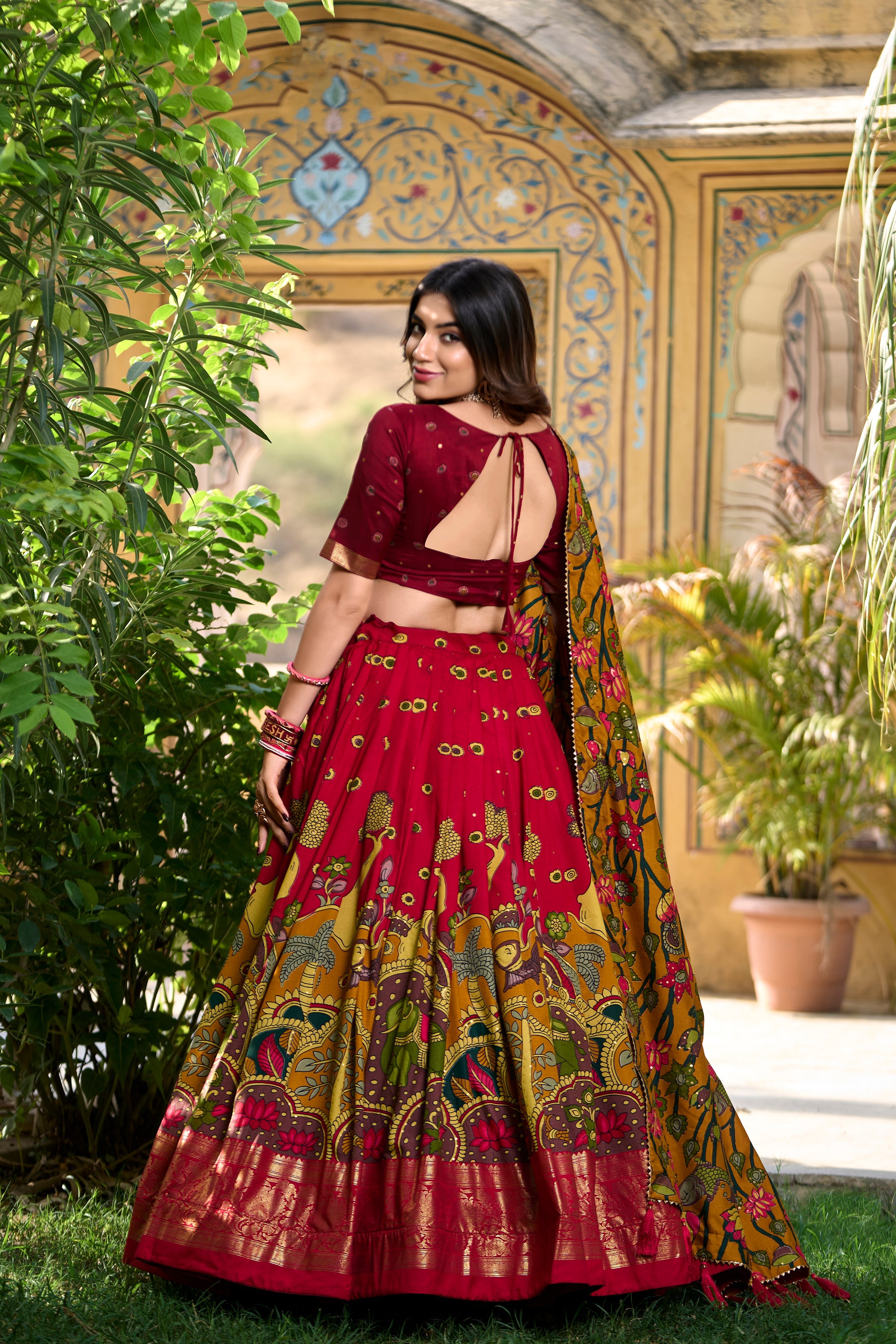 Red Kalamkari Print Tussar Silk Lehenga Set