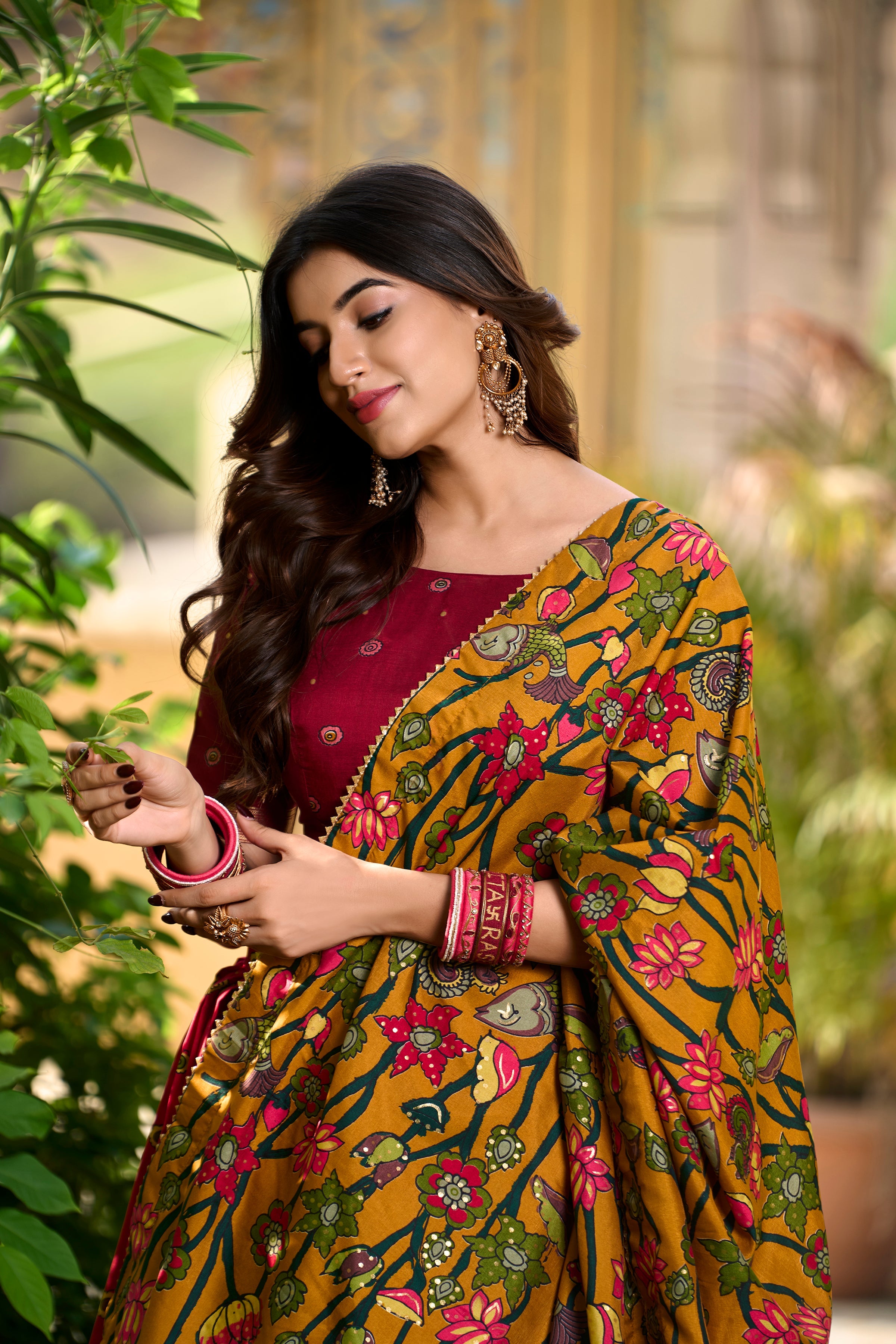 Red Kalamkari Print Tussar Silk Lehenga Set