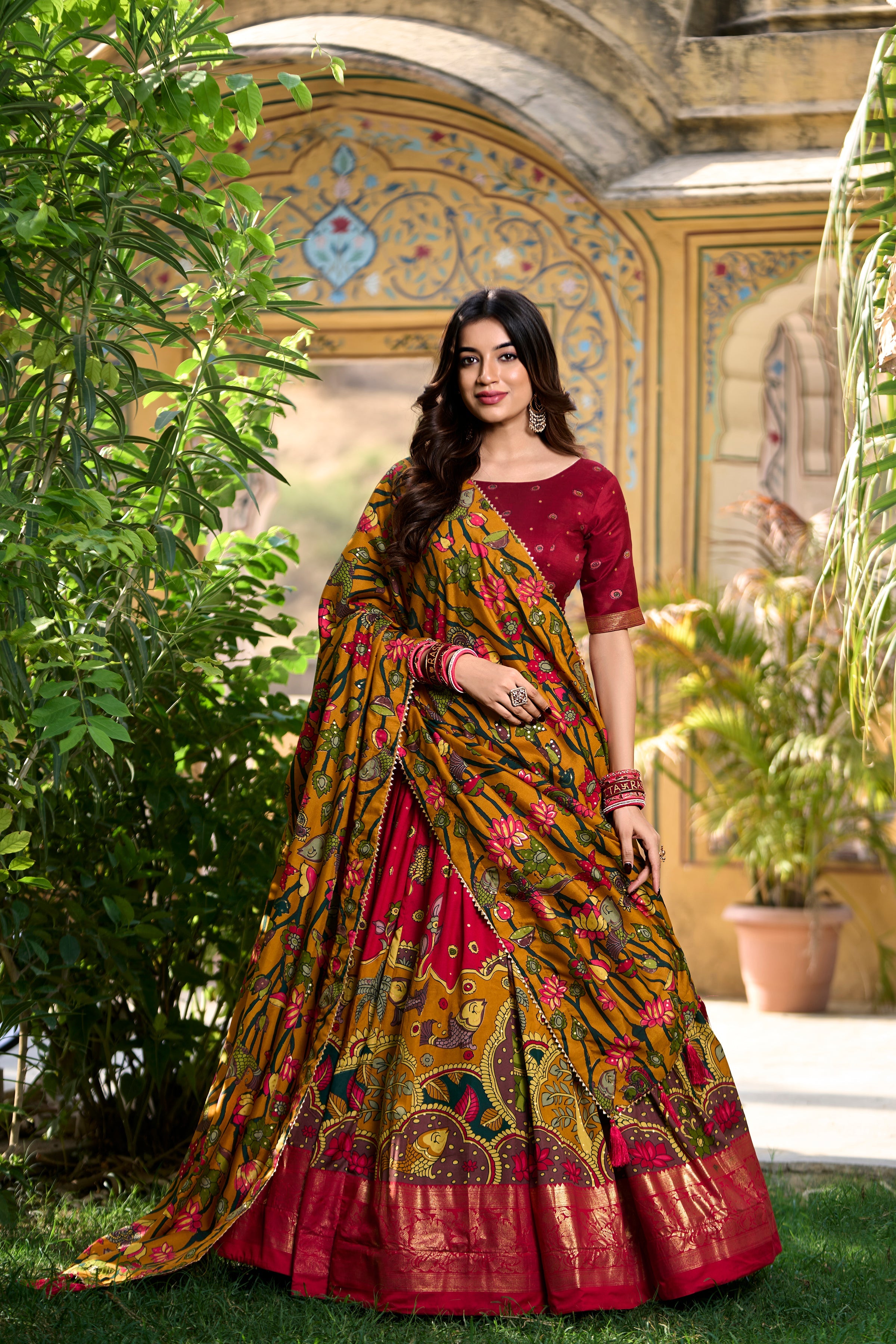Red Kalamkari Print Tussar Silk Lehenga Set