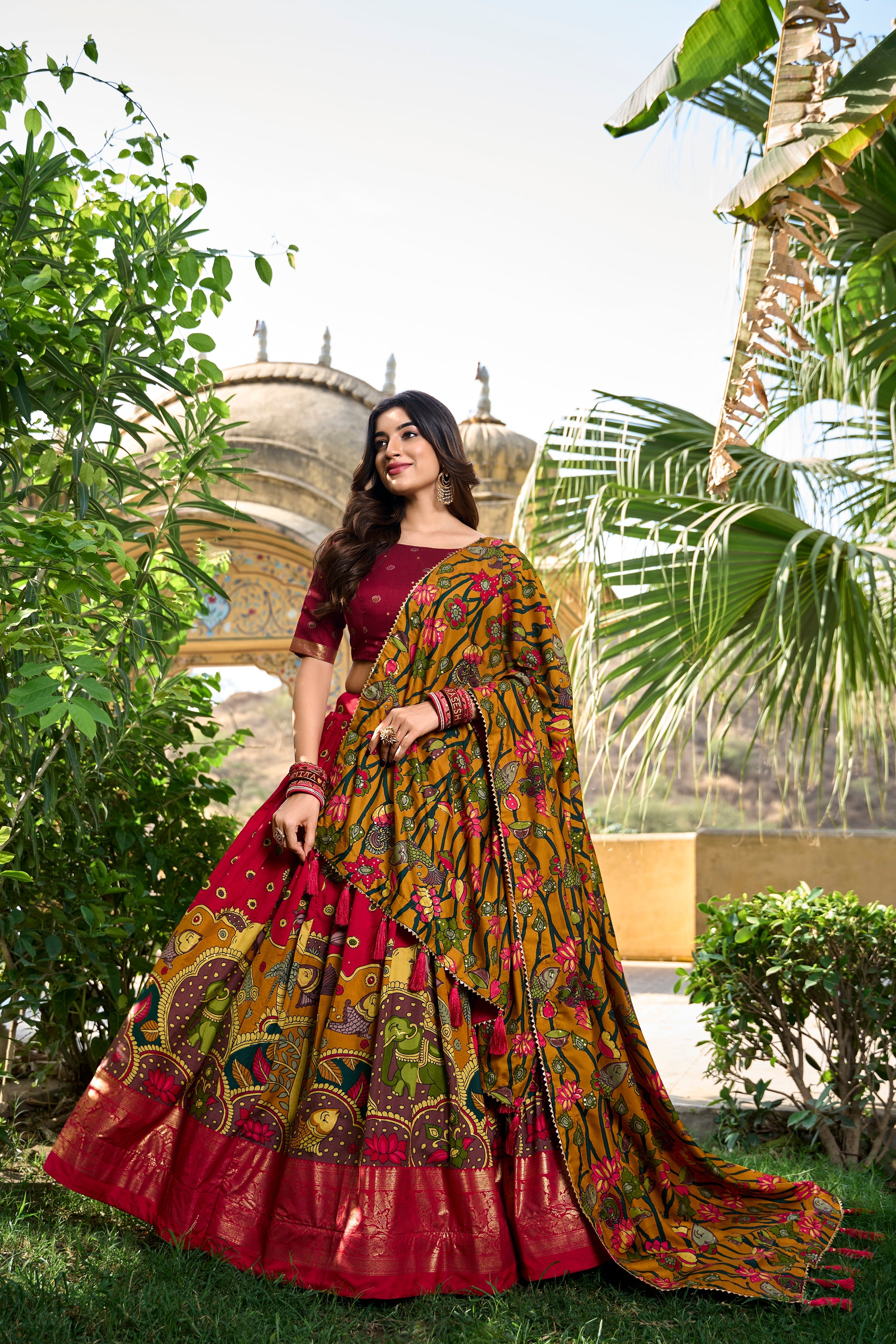 Red Kalamkari Print Tussar Silk Lehenga Set