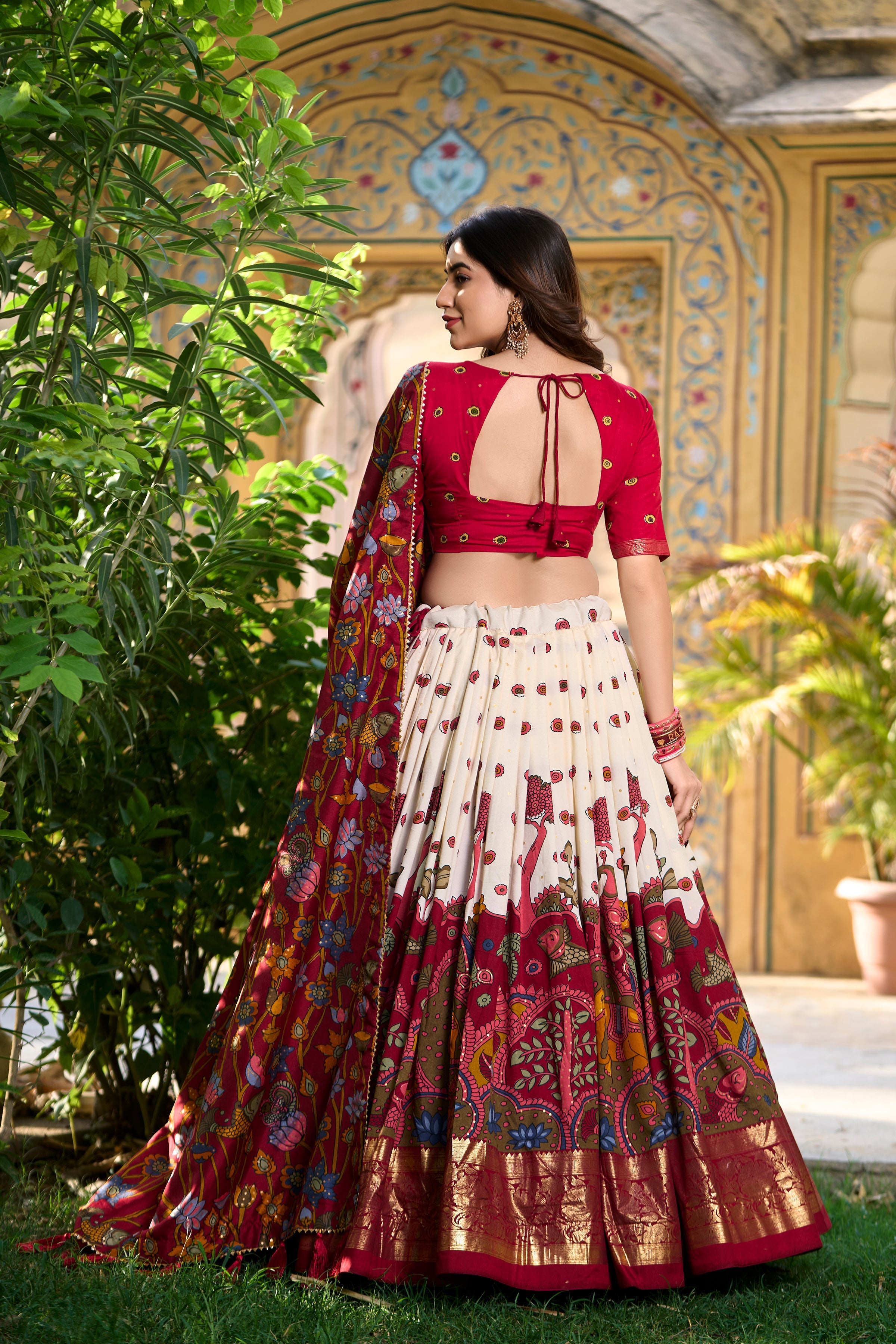 White Kalamkari Print Tussar Silk Lehenga Set
