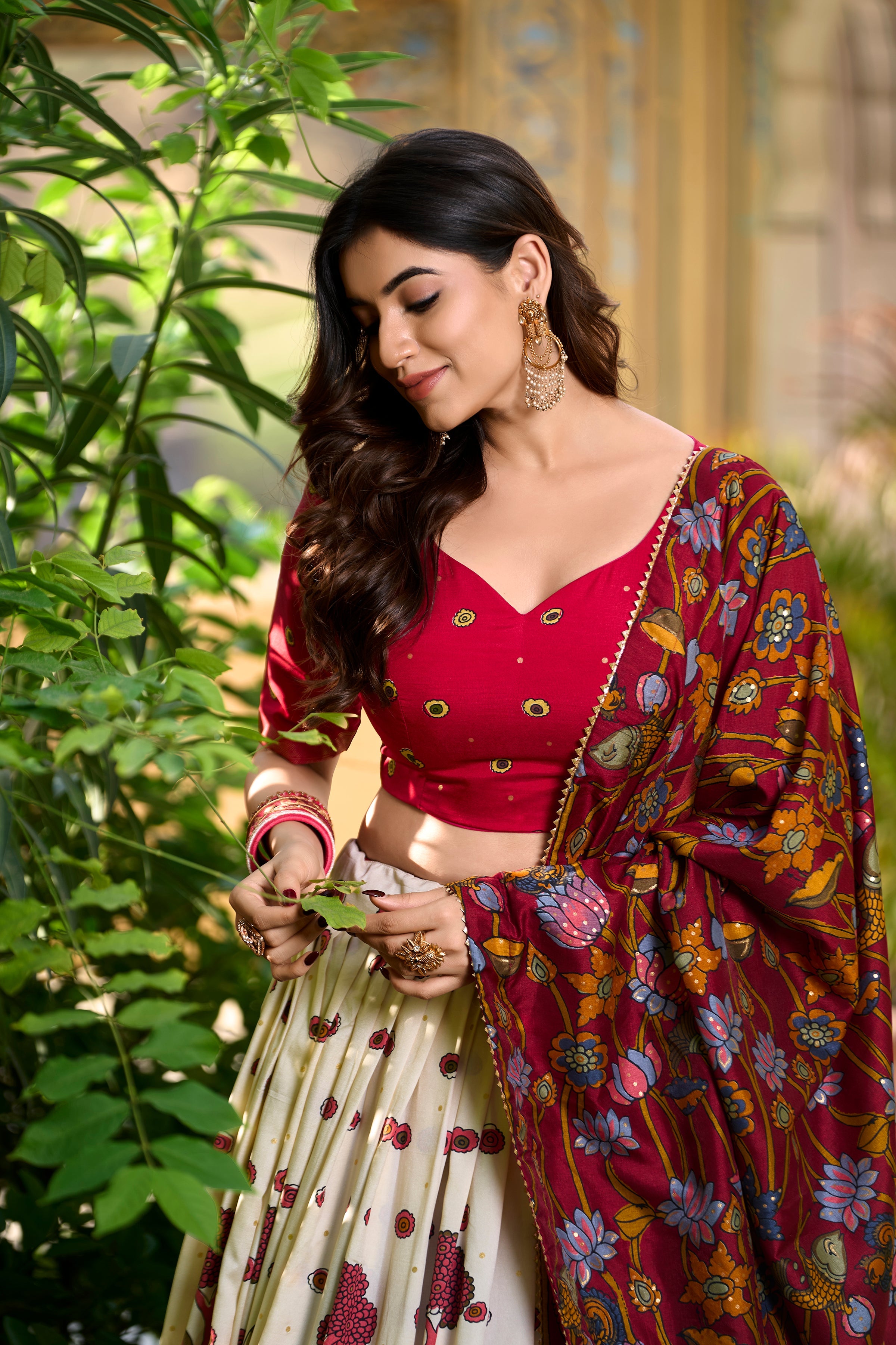 White Kalamkari Print Tussar Silk Lehenga Set