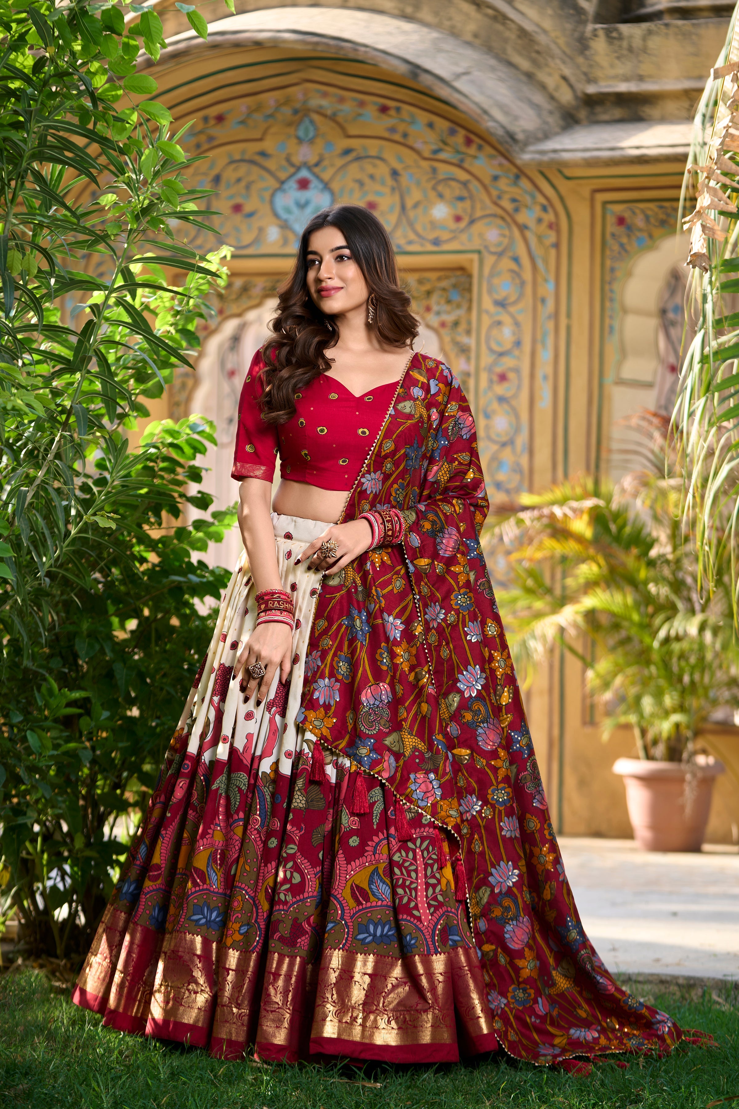 White Kalamkari Print Tussar Silk Lehenga Set