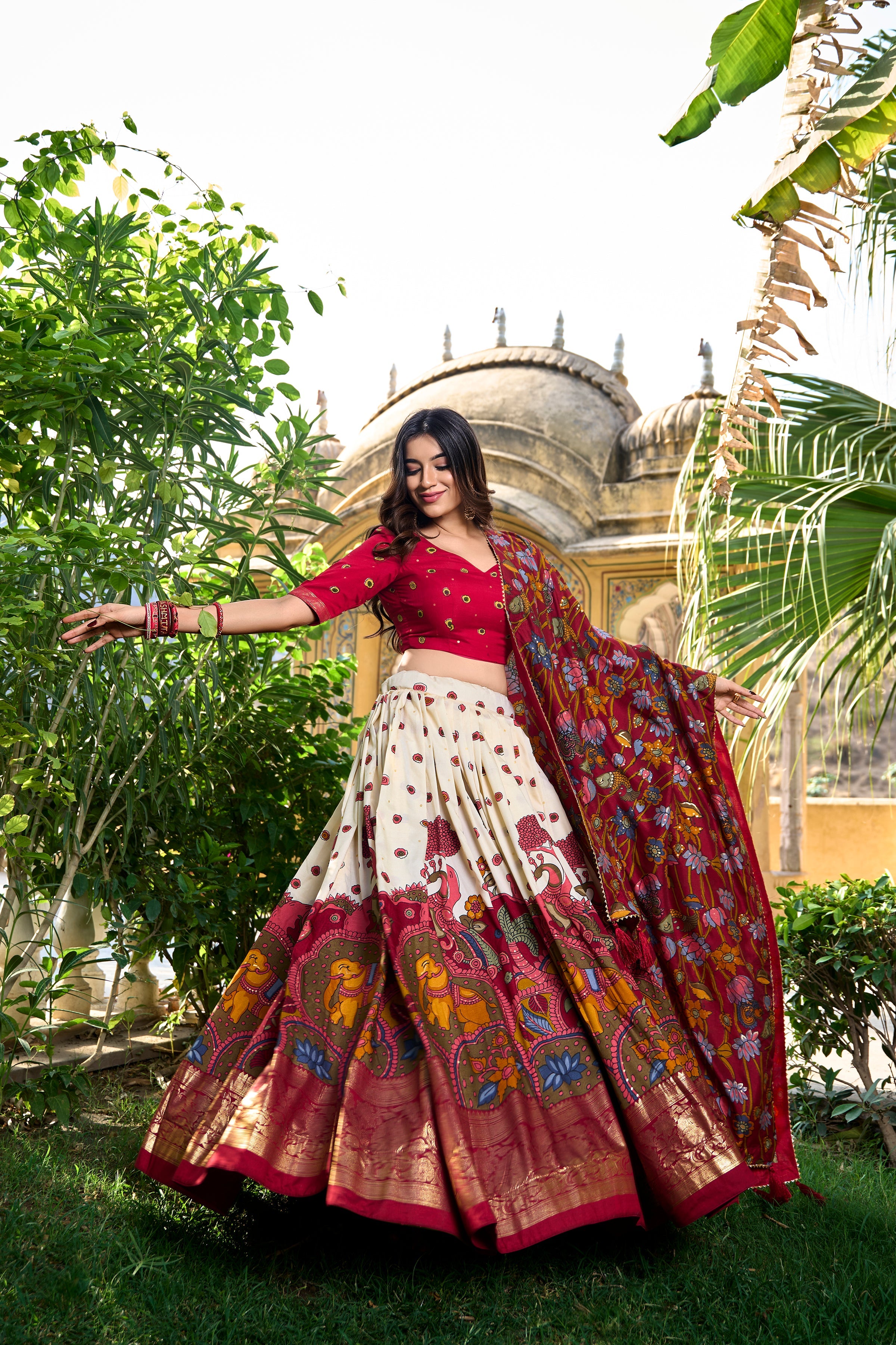 White Kalamkari Print Tussar Silk Lehenga Set
