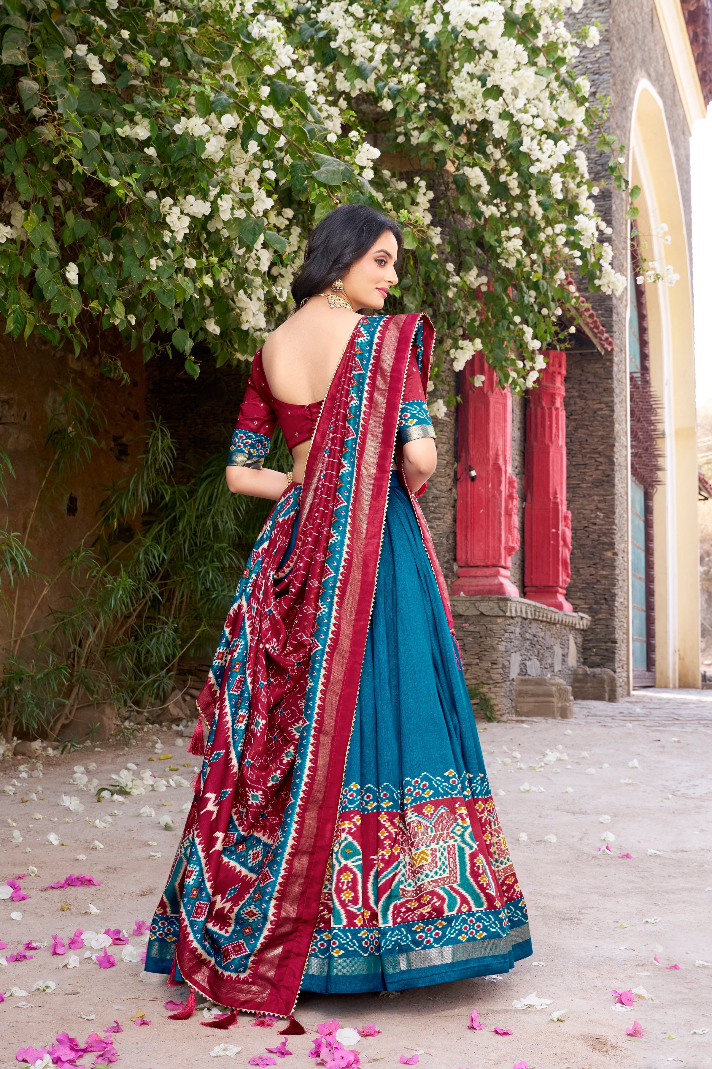 Superb Teal Blue Color Tushar Silk Patola Printed Lehenga Choli