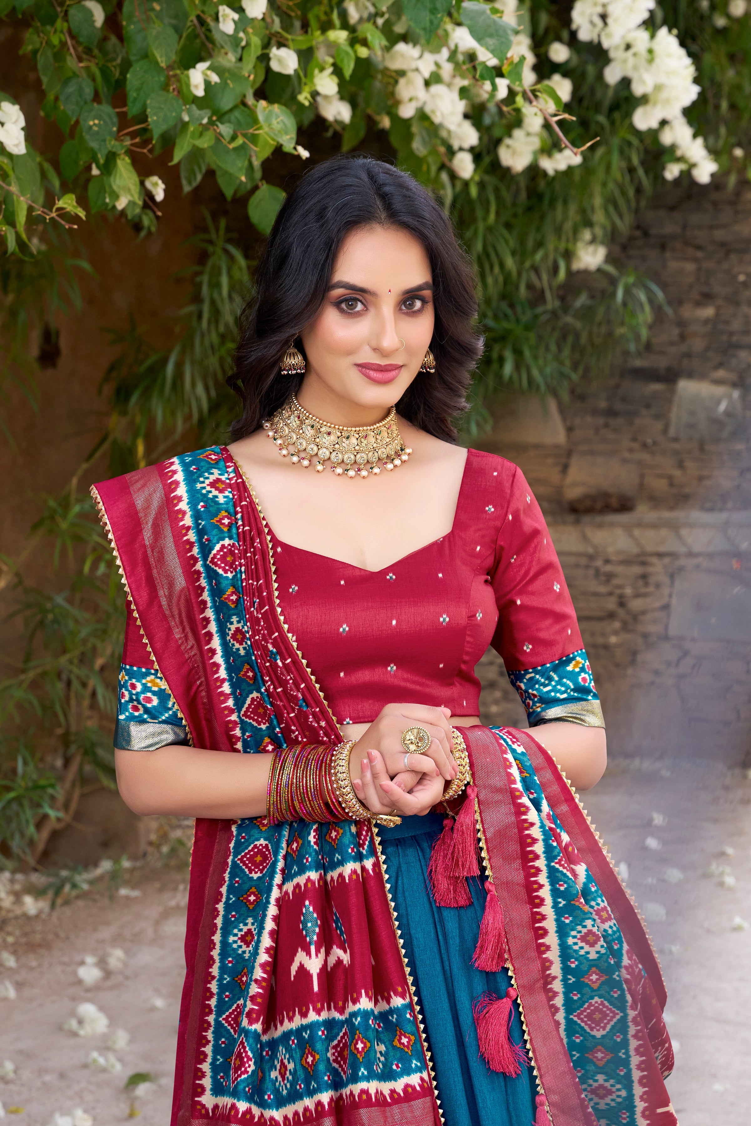 Superb Teal Blue Color Tushar Silk Patola Printed Lehenga Choli