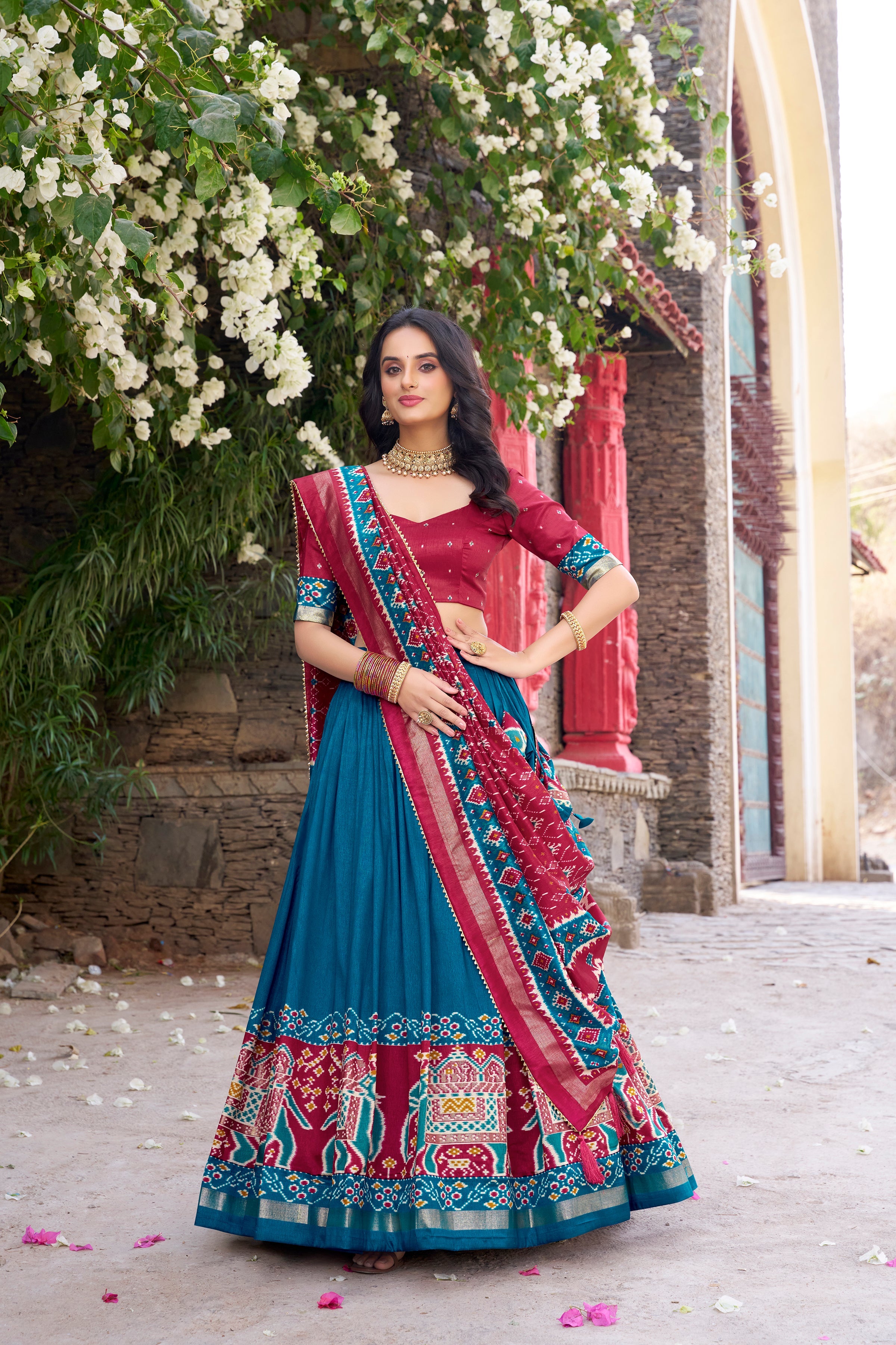 Superb Teal Blue Color Tushar Silk Patola Printed Lehenga Choli