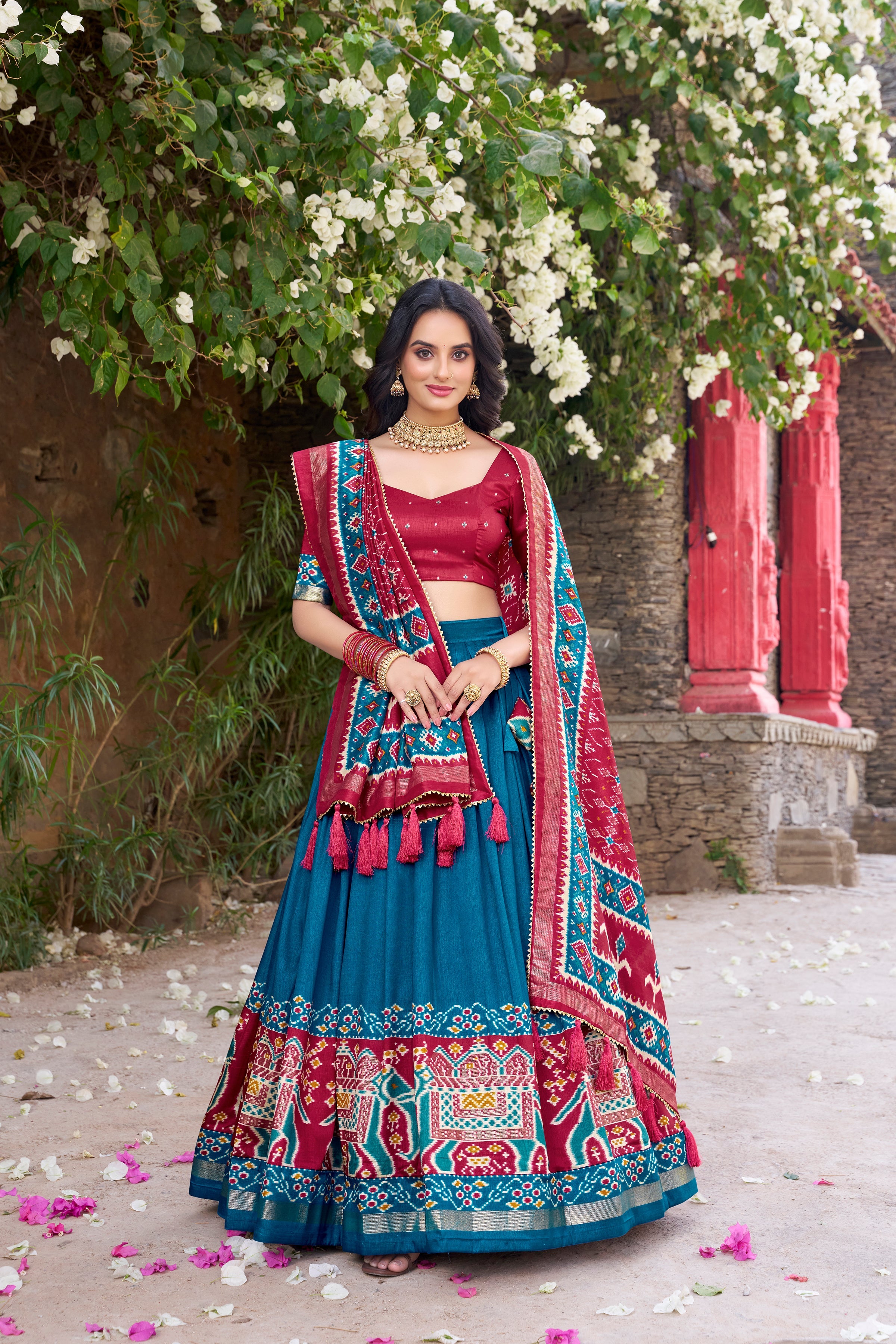 Superb Teal Blue Color Tushar Silk Patola Printed Lehenga Choli