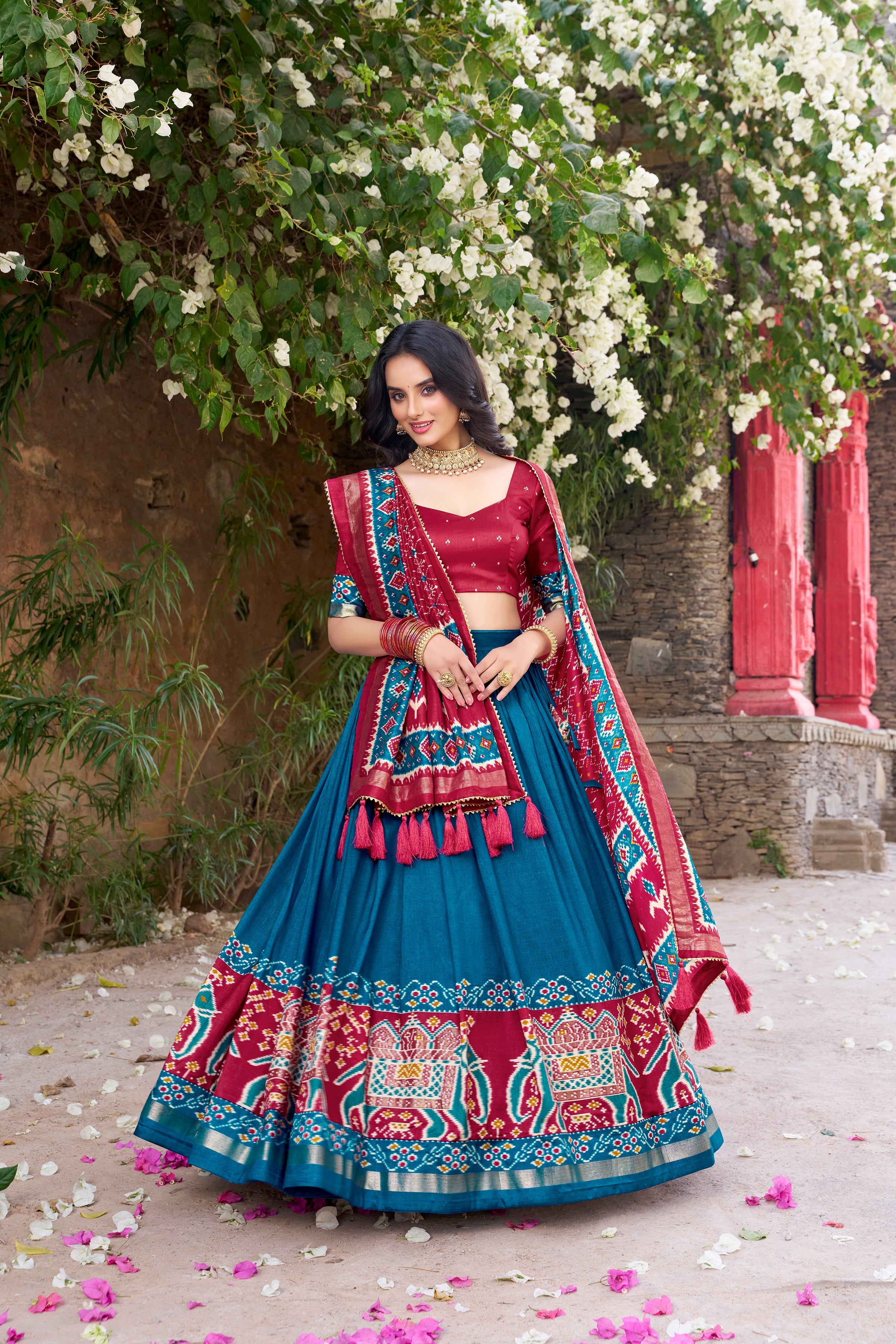 Superb Teal Blue Color Tushar Silk Patola Printed Lehenga Choli