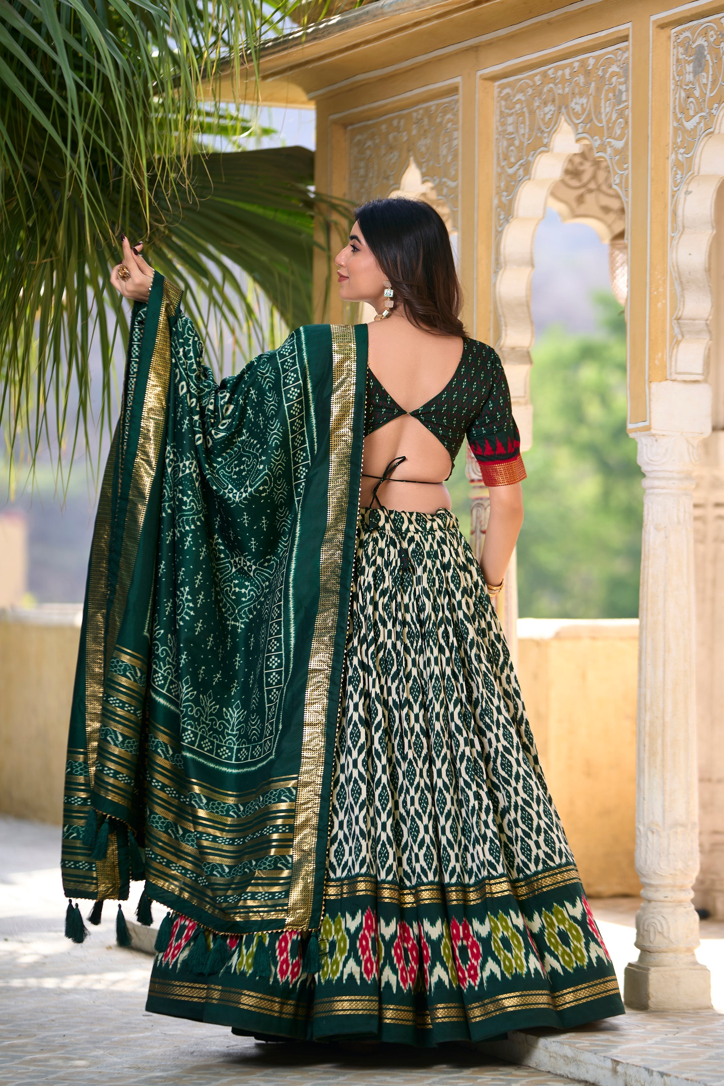 Patola Printed Tussar Silk Lehenga in Dark Green