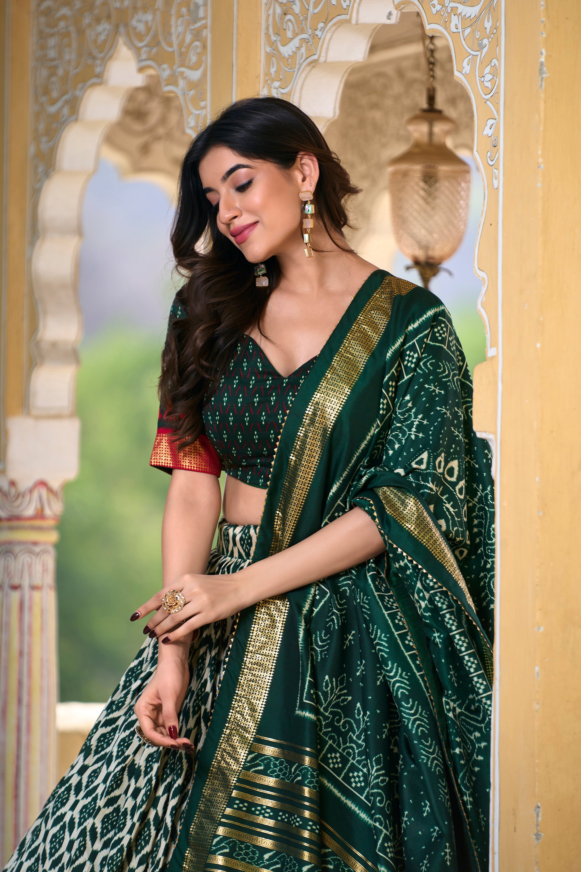Patola Printed Tussar Silk Lehenga in Dark Green