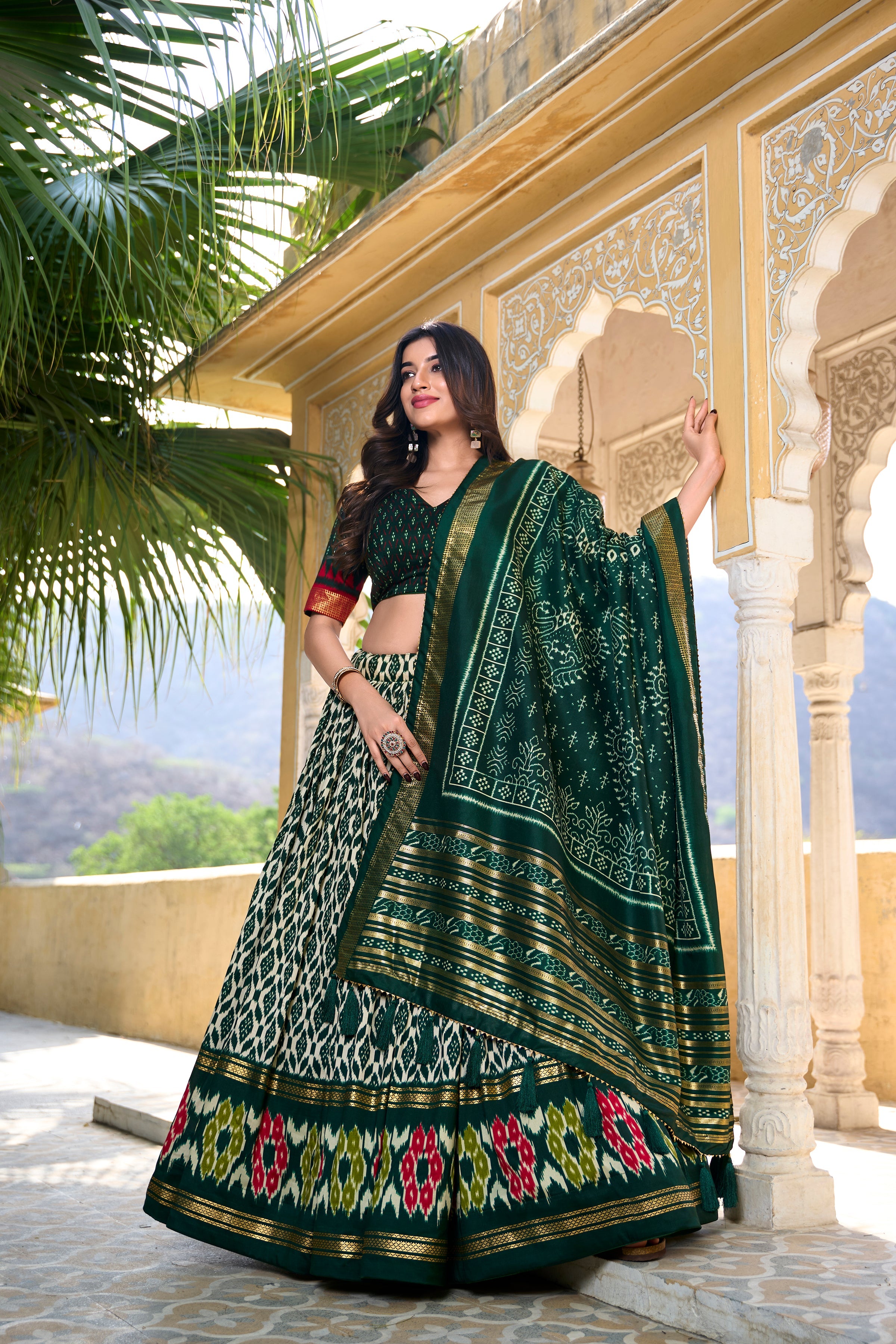 Patola Printed Tussar Silk Lehenga in Dark Green