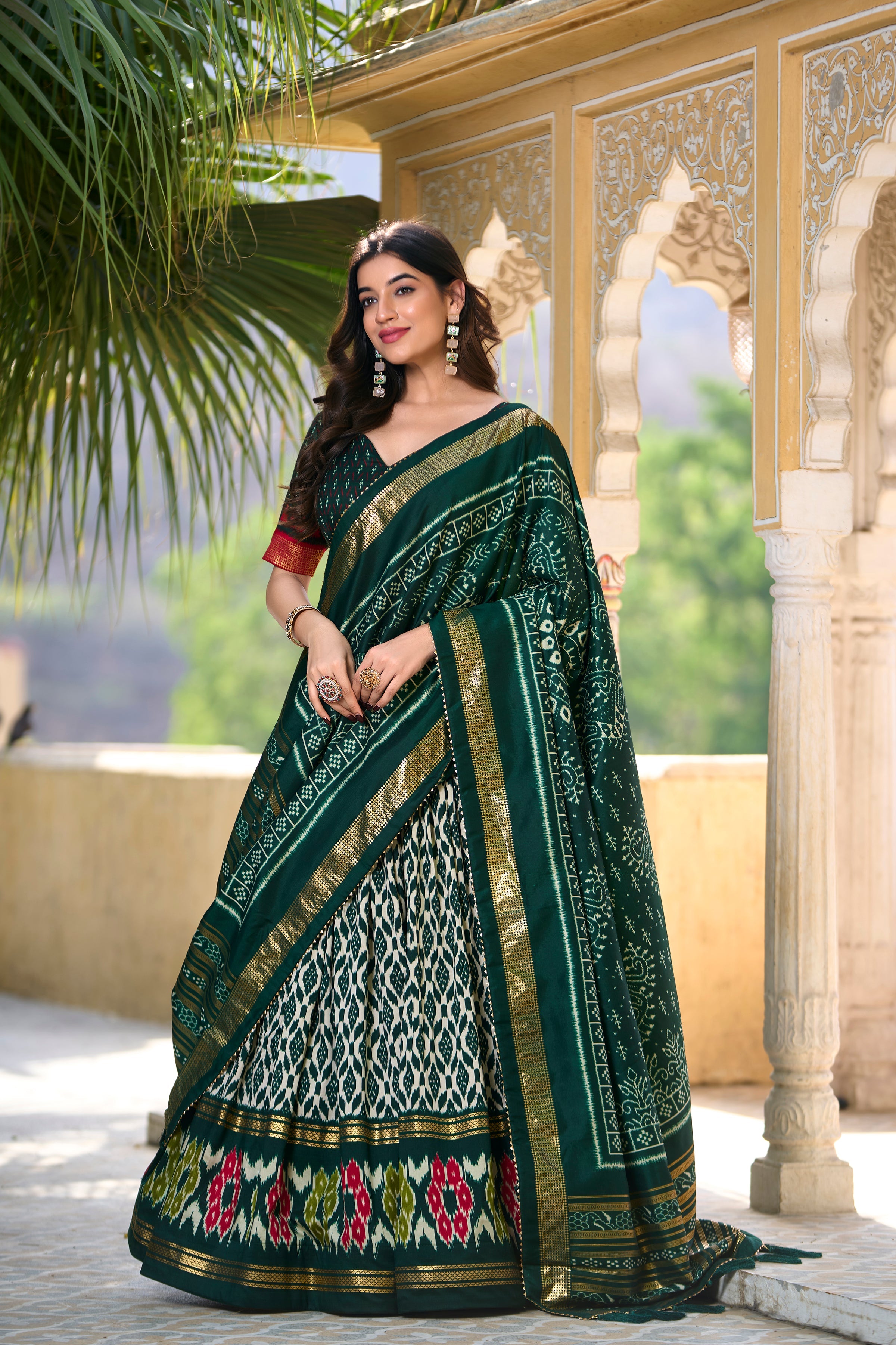Patola Printed Tussar Silk Lehenga in Dark Green
